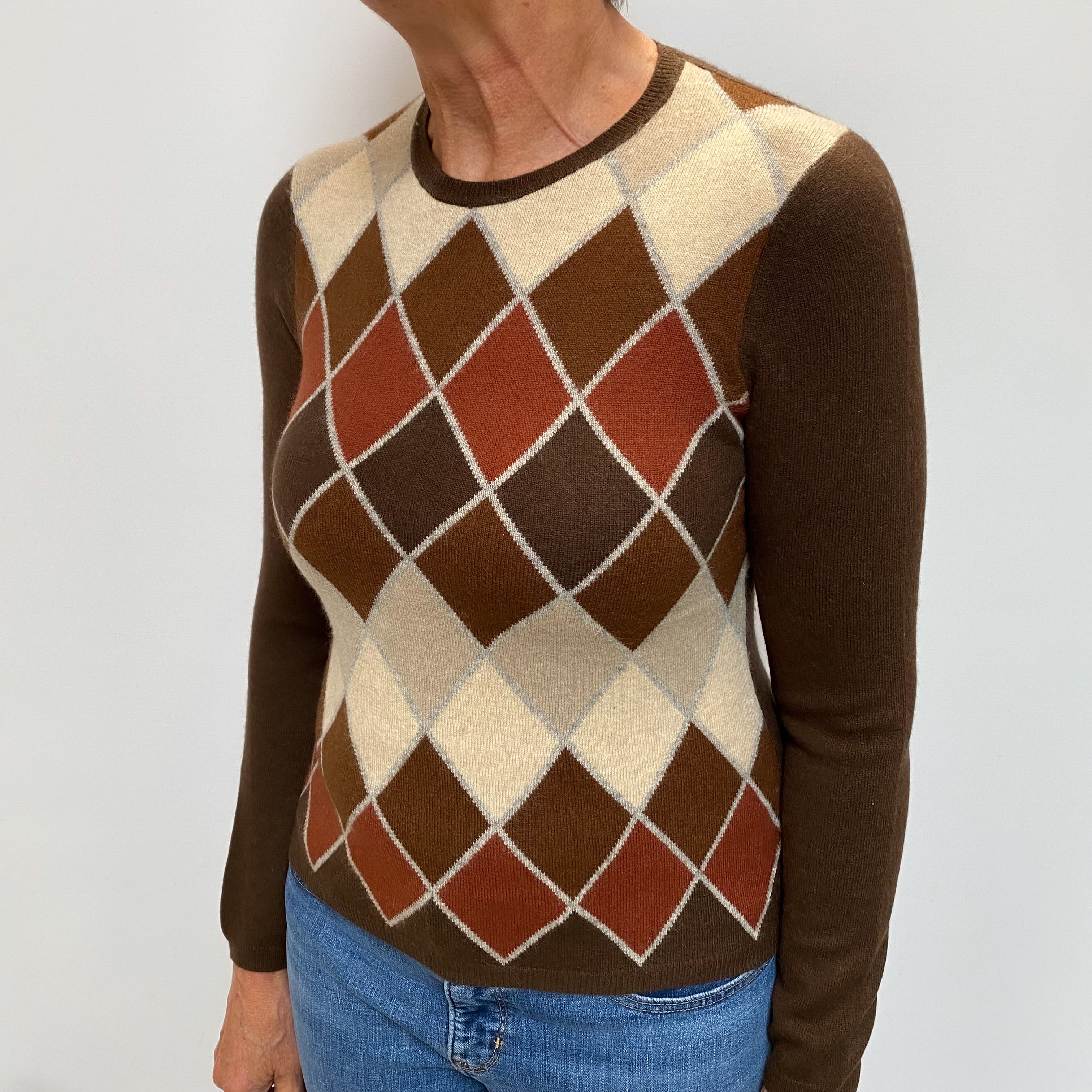 Chocolate Brown Patterned Cashmere Crew Neck Jumper Medium