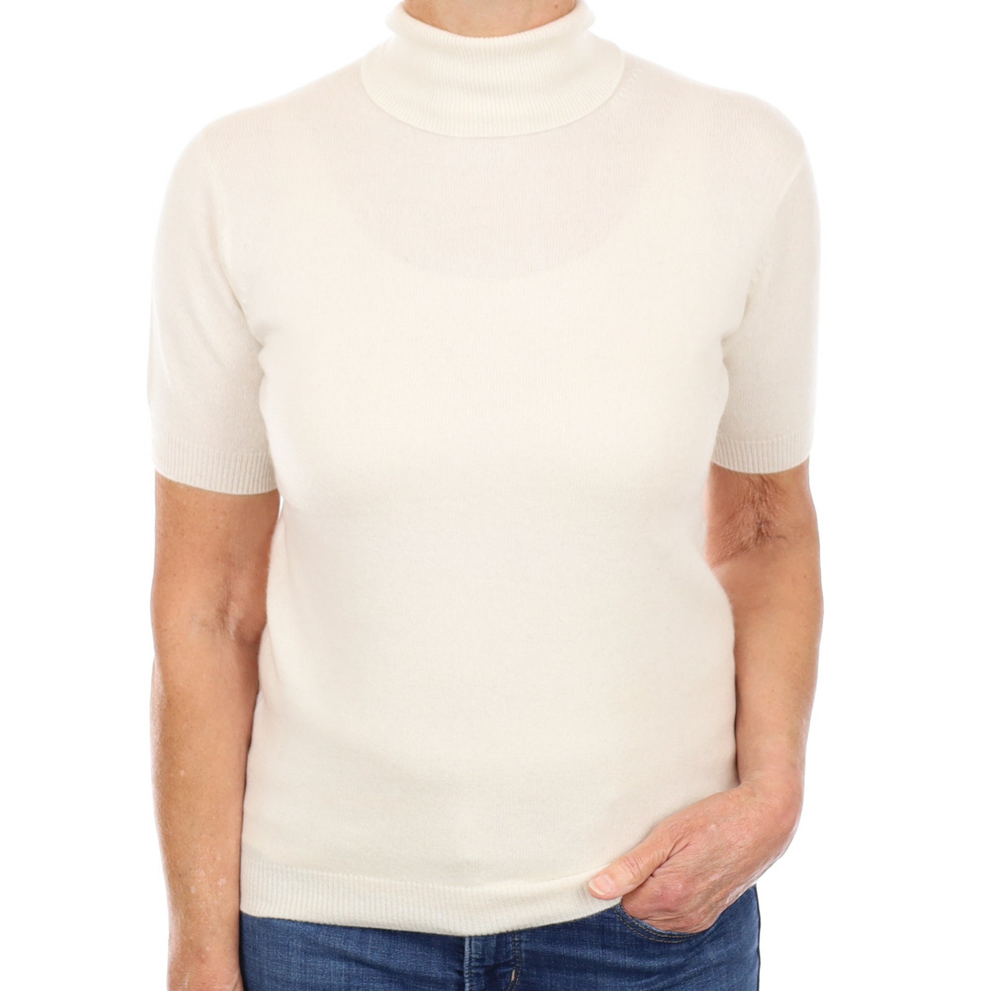 Cream Cashmere Short Sleeve Polo Neck Jumper Medium