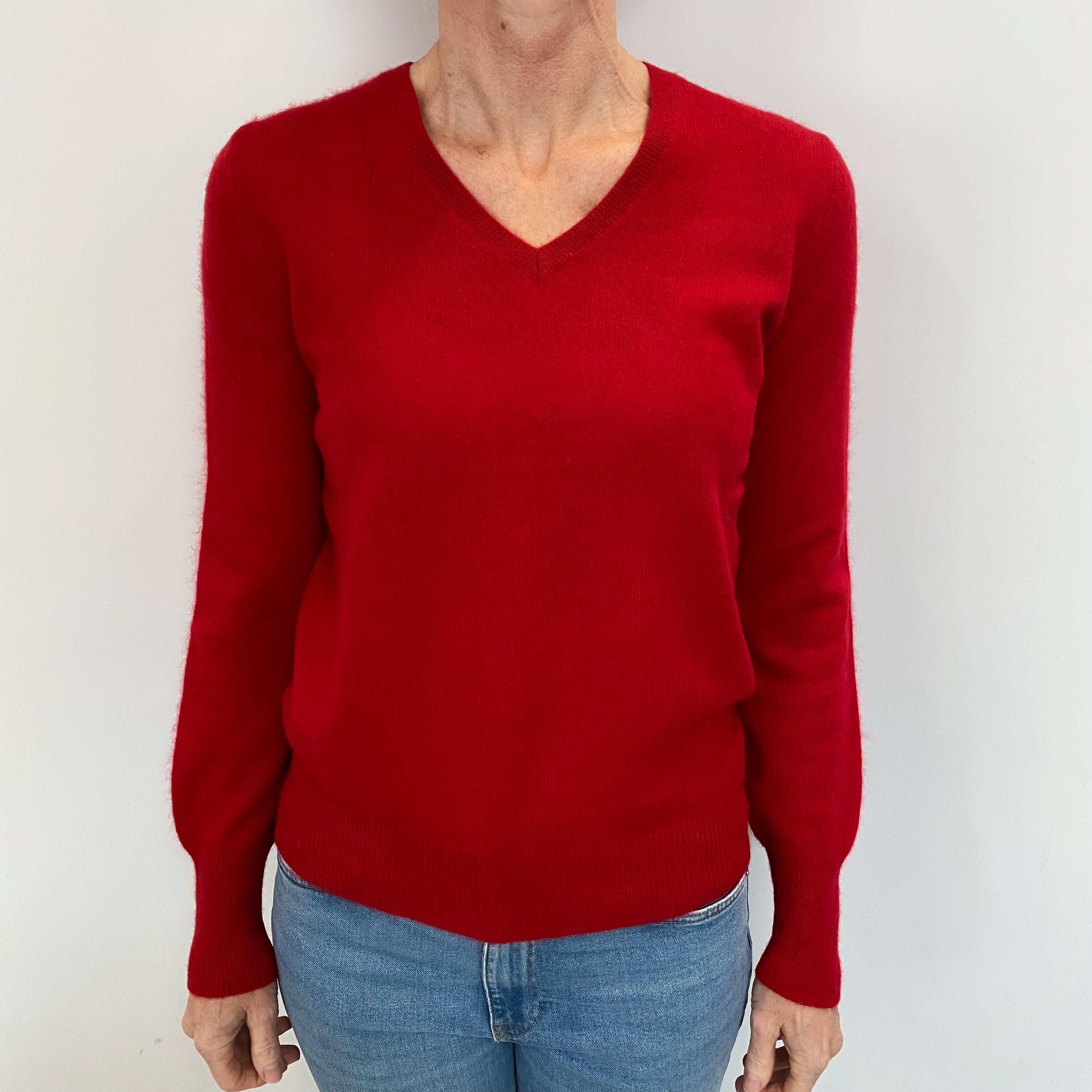 Scarlet Red Cashmere V Neck Jumper Small