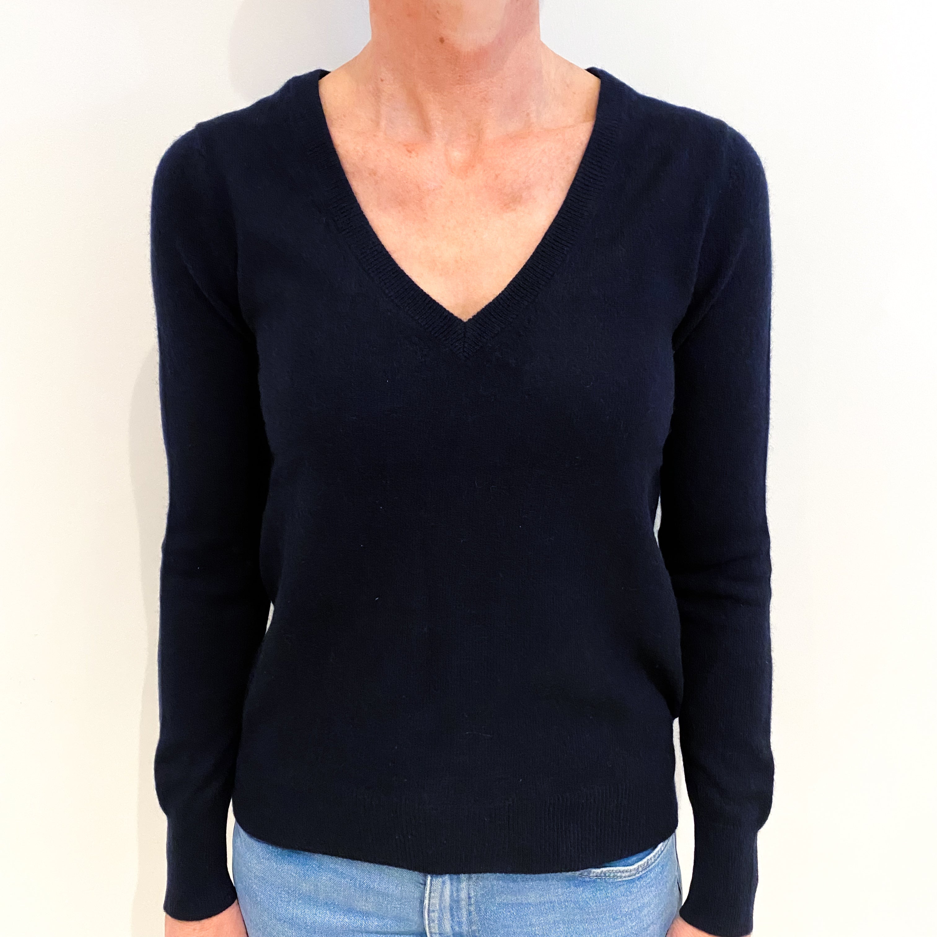 Navy Blue Cashmere V Neck Jumper Small