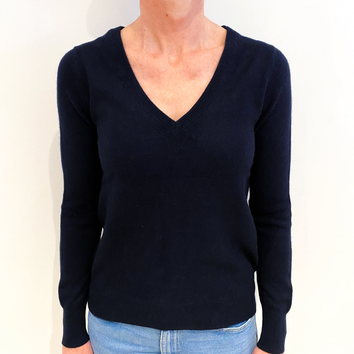 Navy Blue Cashmere V Neck Jumper Small