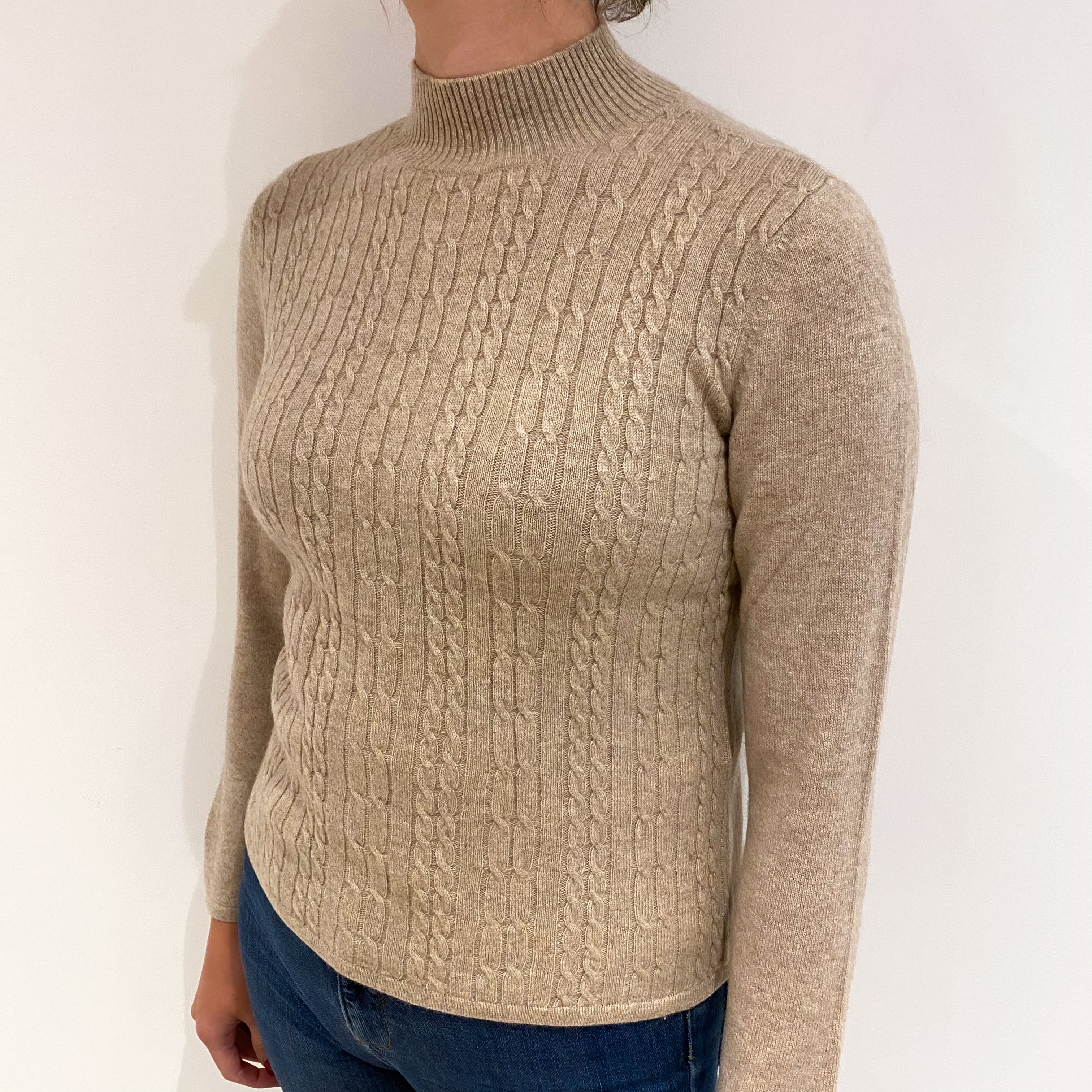 Soft Fawn Cable Cashmere Turtle Neck Jumper Small