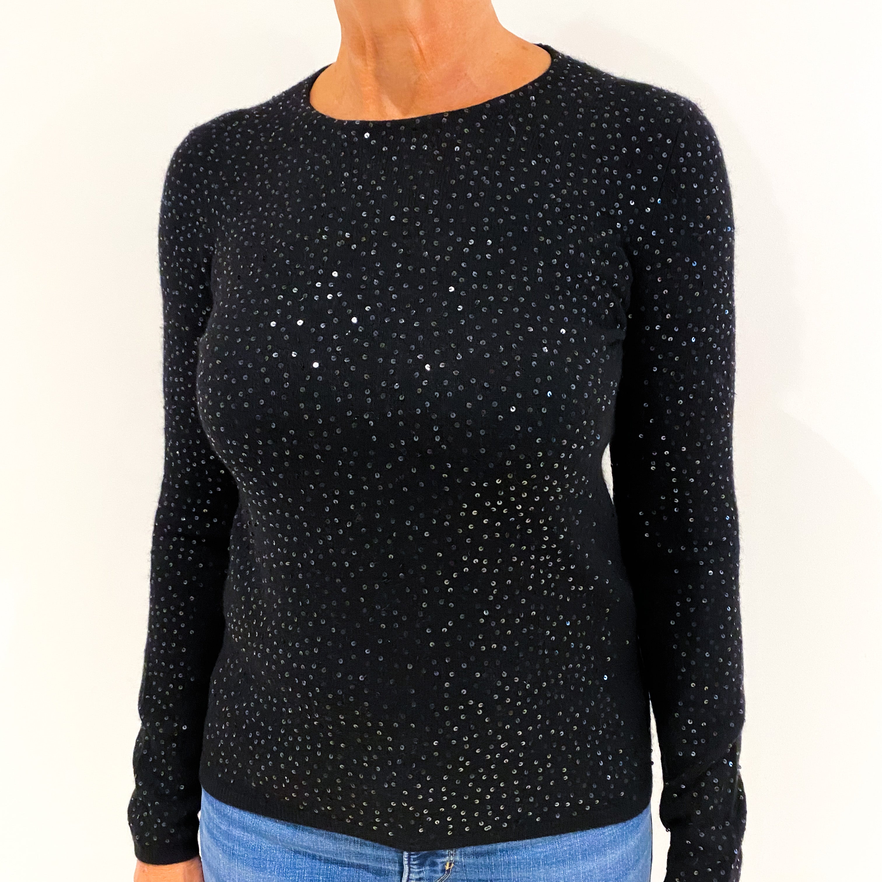 Black Sequin Cashmere Crew Neck Jumper Medium