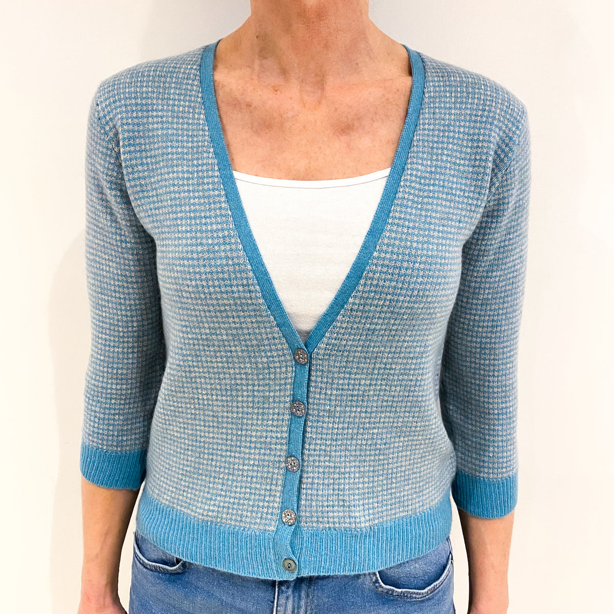 Scottish Brora Pale Aqua And Grey Cashmere Cardigan Small