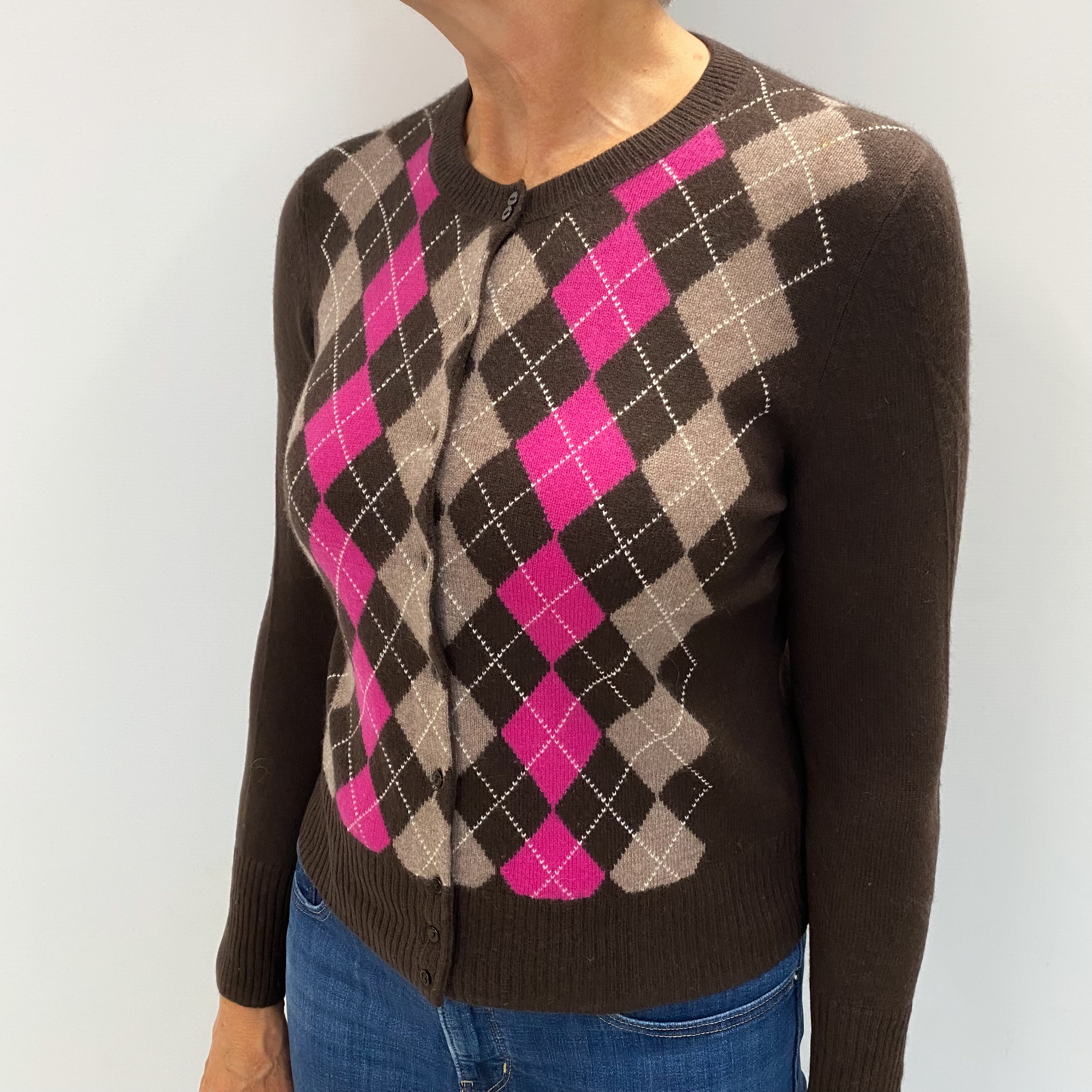 Dark Chocolate Fuchsia Argyle Cashmere Crew Neck Cardigan Medium