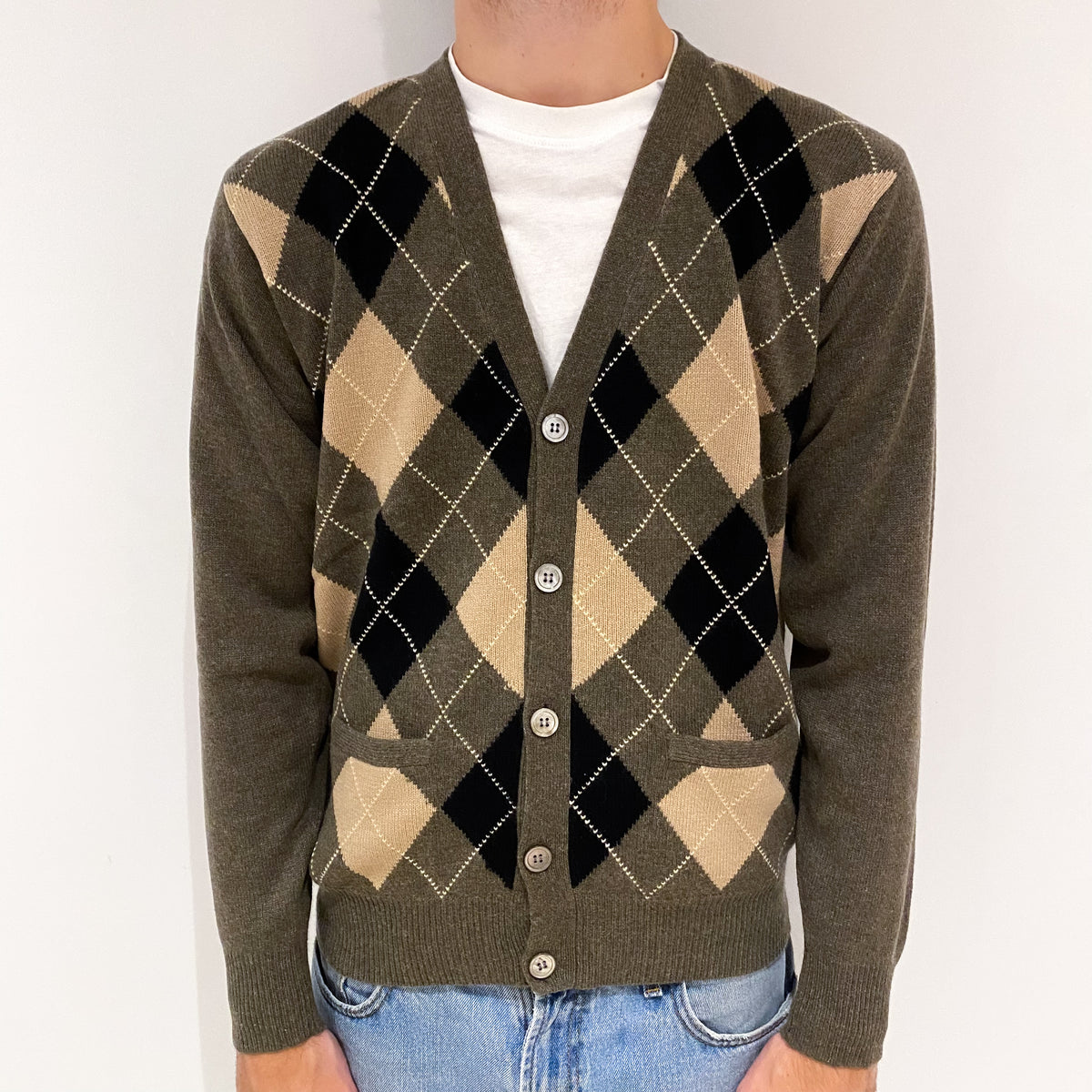 Men's Donkey Brown Argyle Cashmere V-Neck Cardigan Large