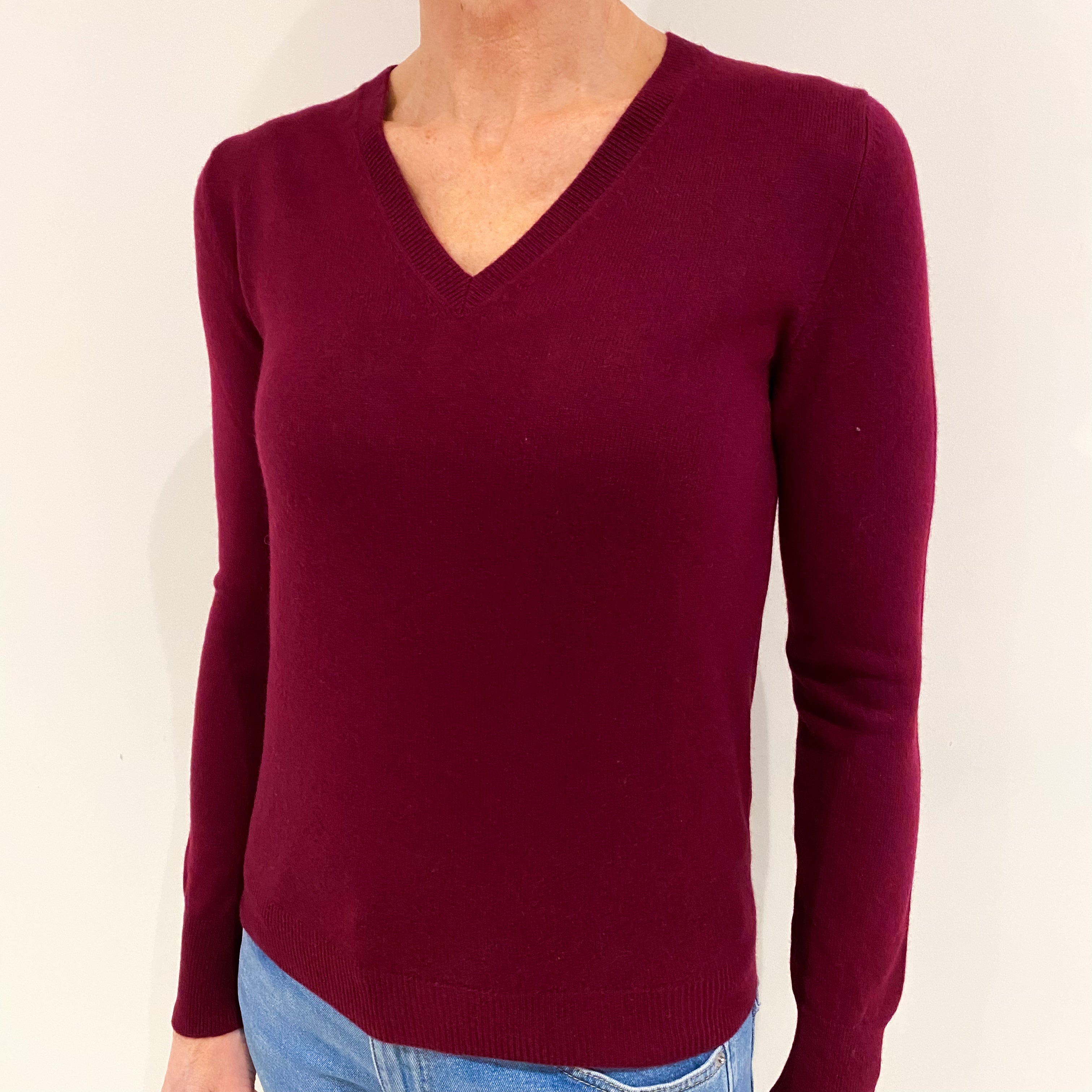 Burgundy Red Cashmere V Neck Jumper Small