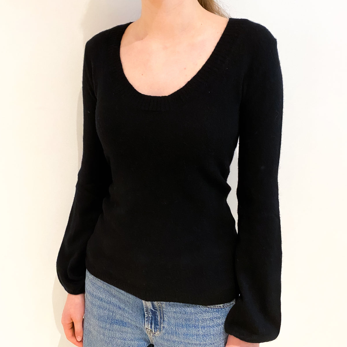 Black Balloon Cuff Cashmere Scoop Neck Jumper Extra Small