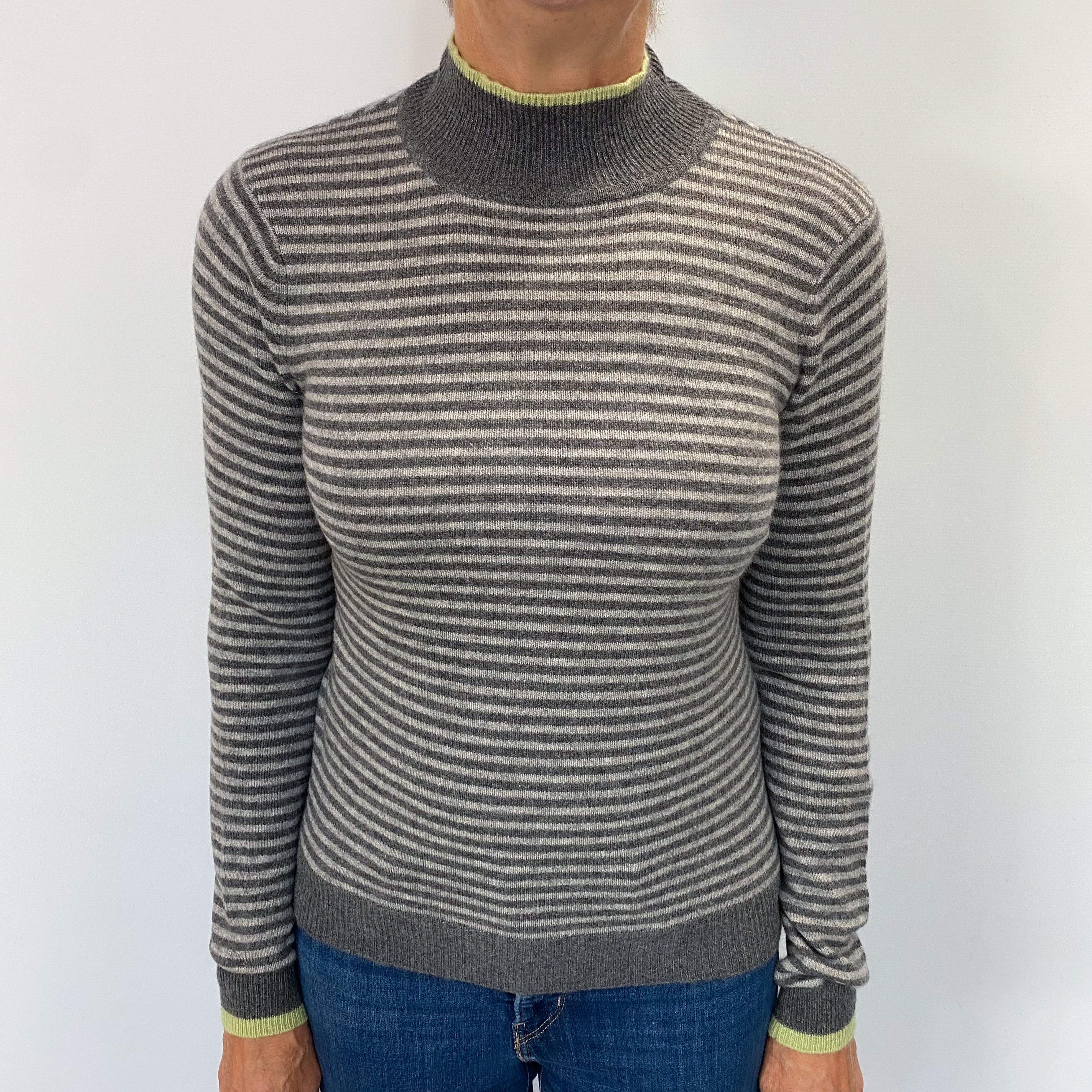 Ash Grey Striped Cashmere Polo Neck Jumper Medium