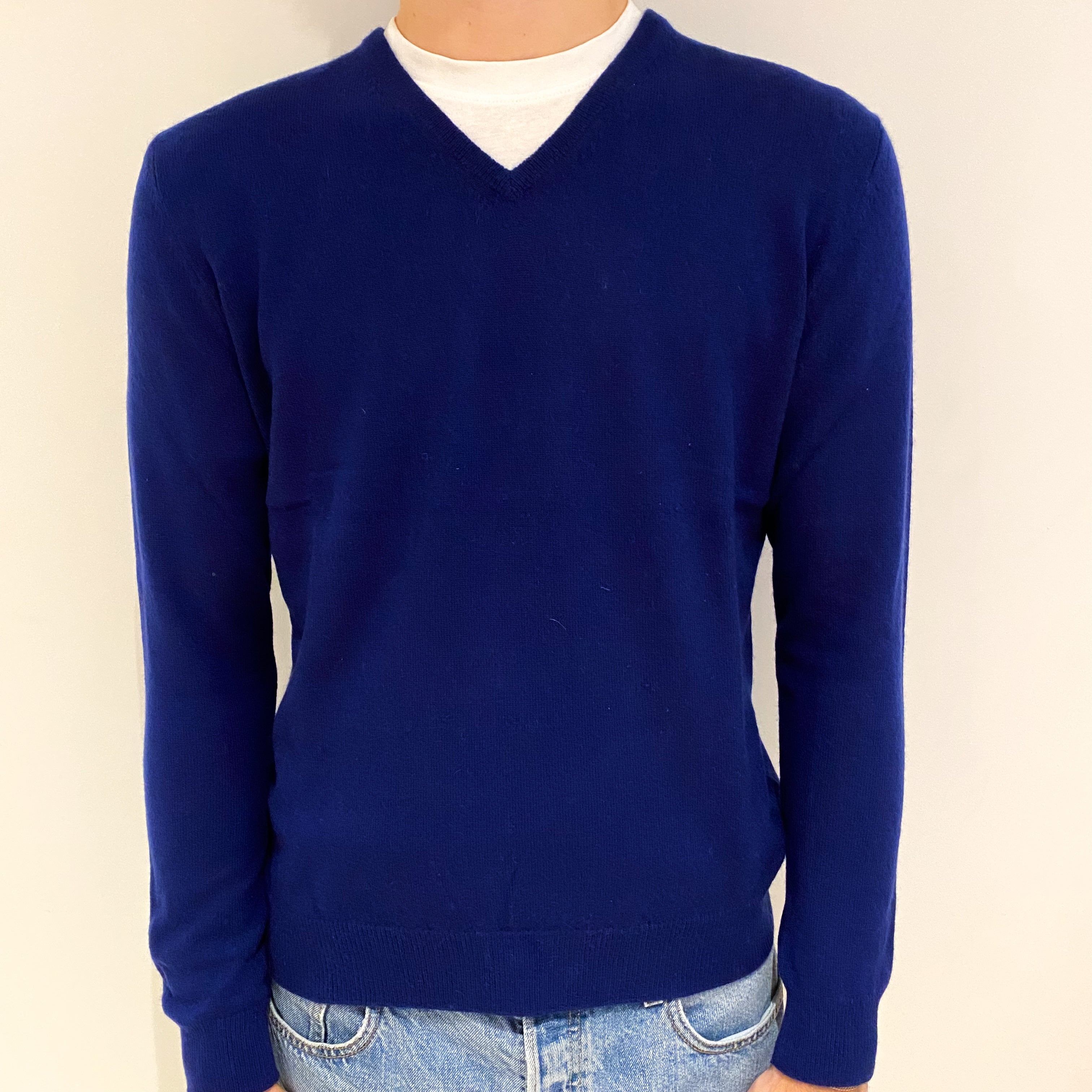 Men's French Navy Cashmere V Neck Jumper Large