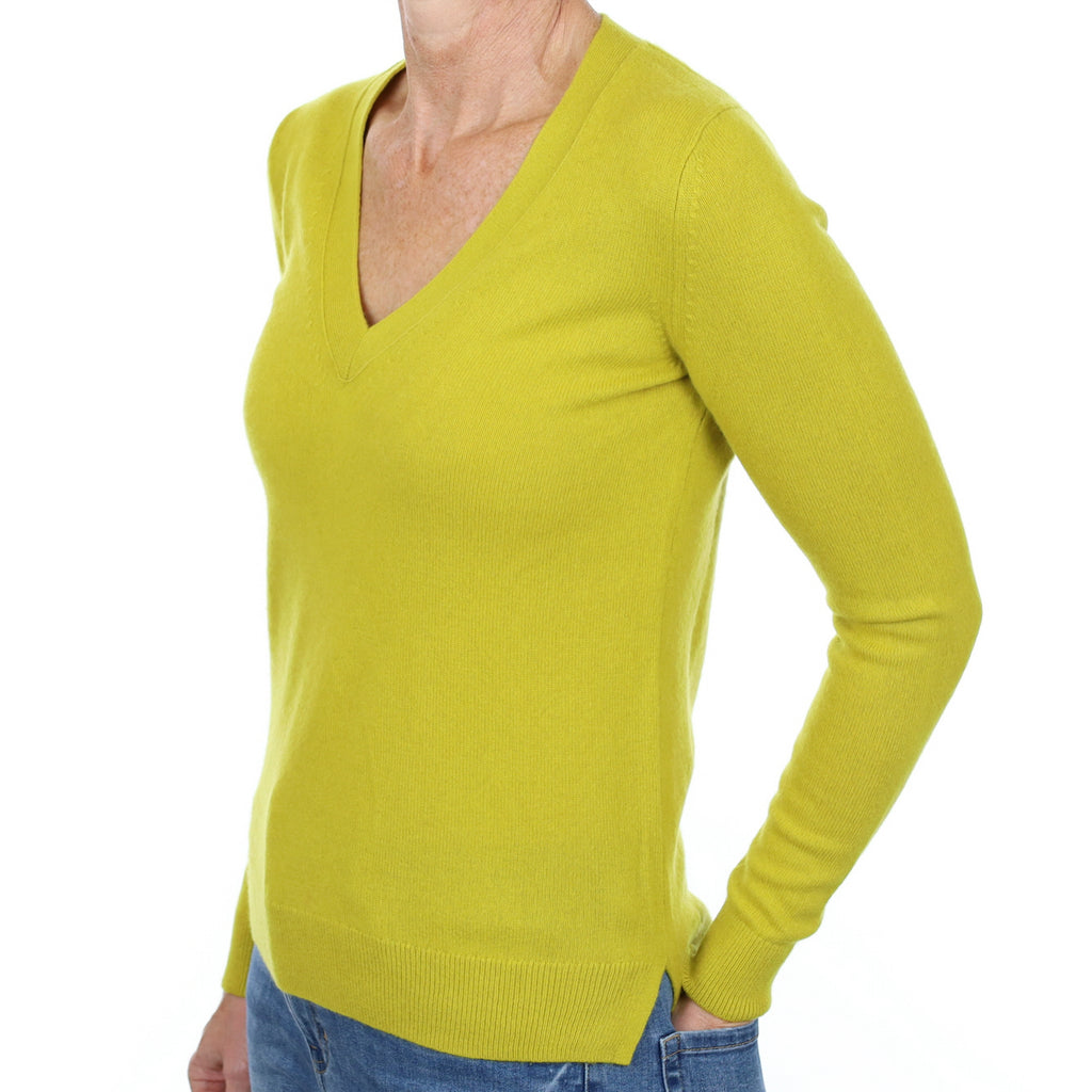 Lichen Green Cashmere V Neck Jumper Small
