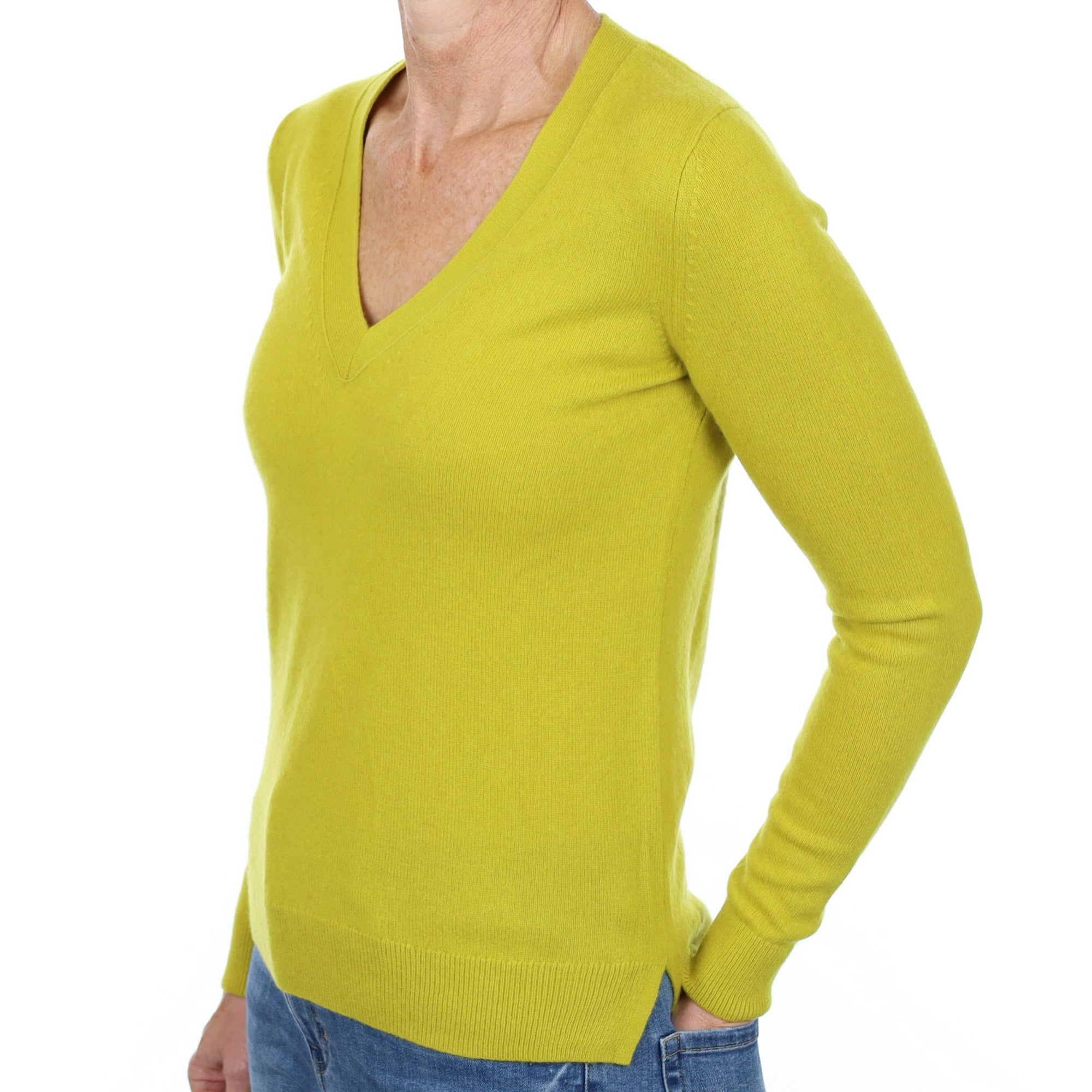 Lichen Green Cashmere V Neck Jumper Small