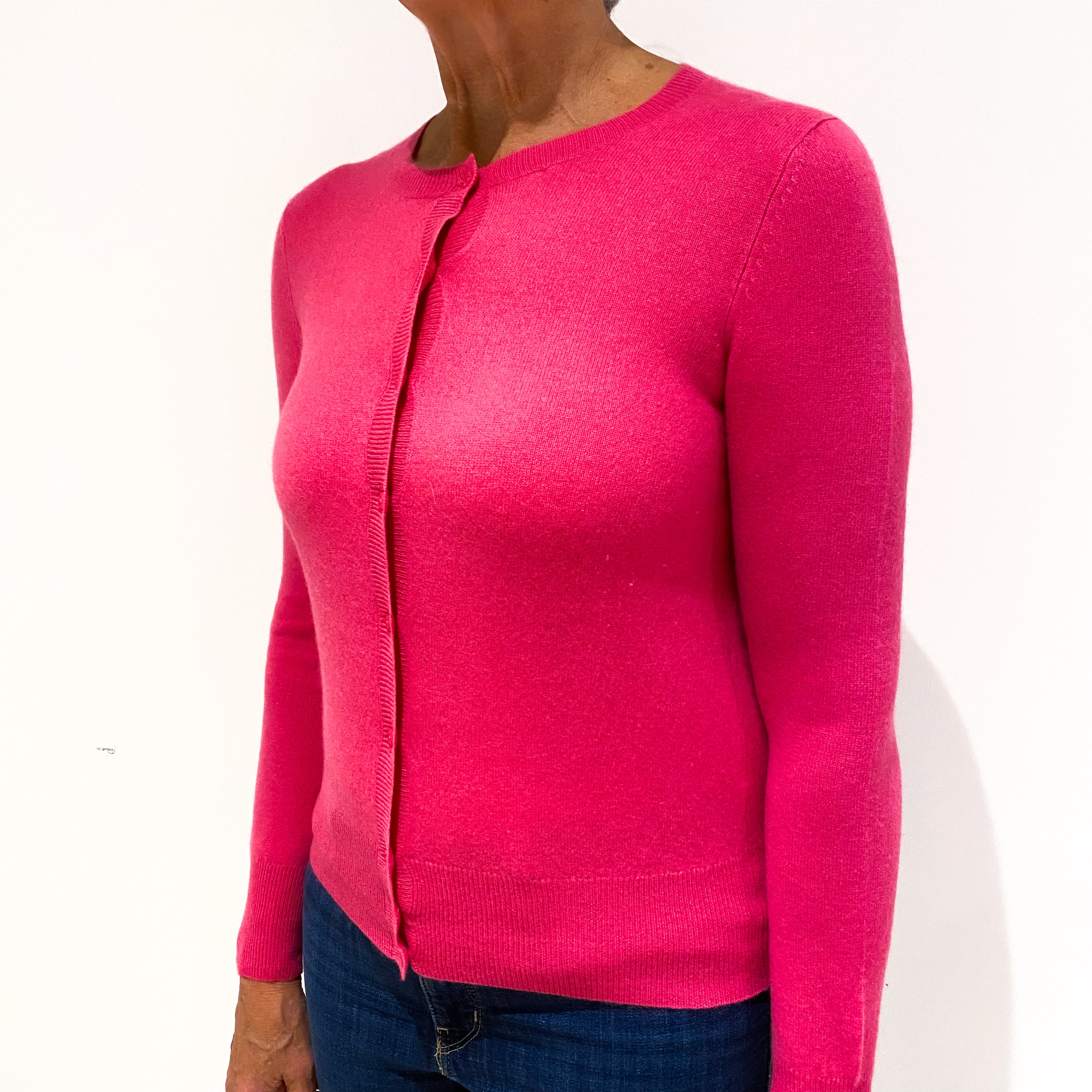 Hot Pink Cashmere Crew Neck Cardigan Medium