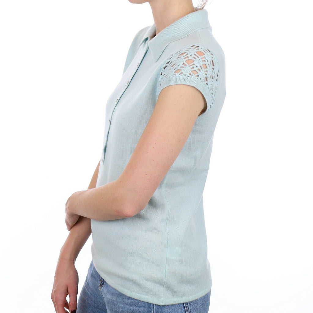 Mint Green Cashmere Short Lace Sleeve Collared Jumper Small