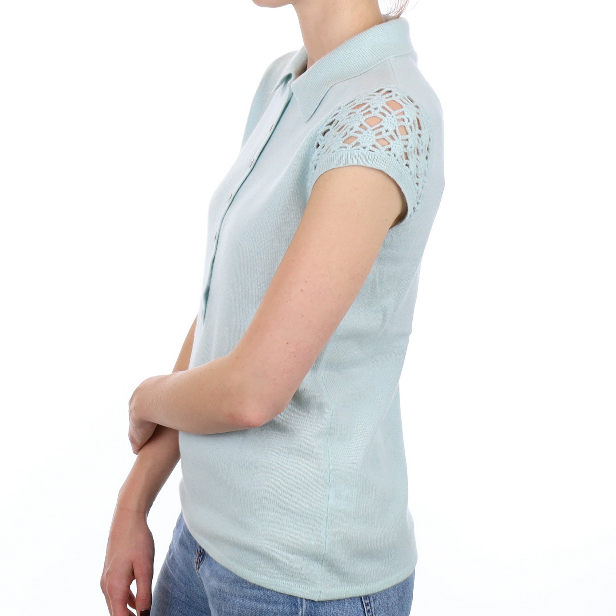 Mint Green Cashmere Short Lace Sleeve Collared Jumper Small