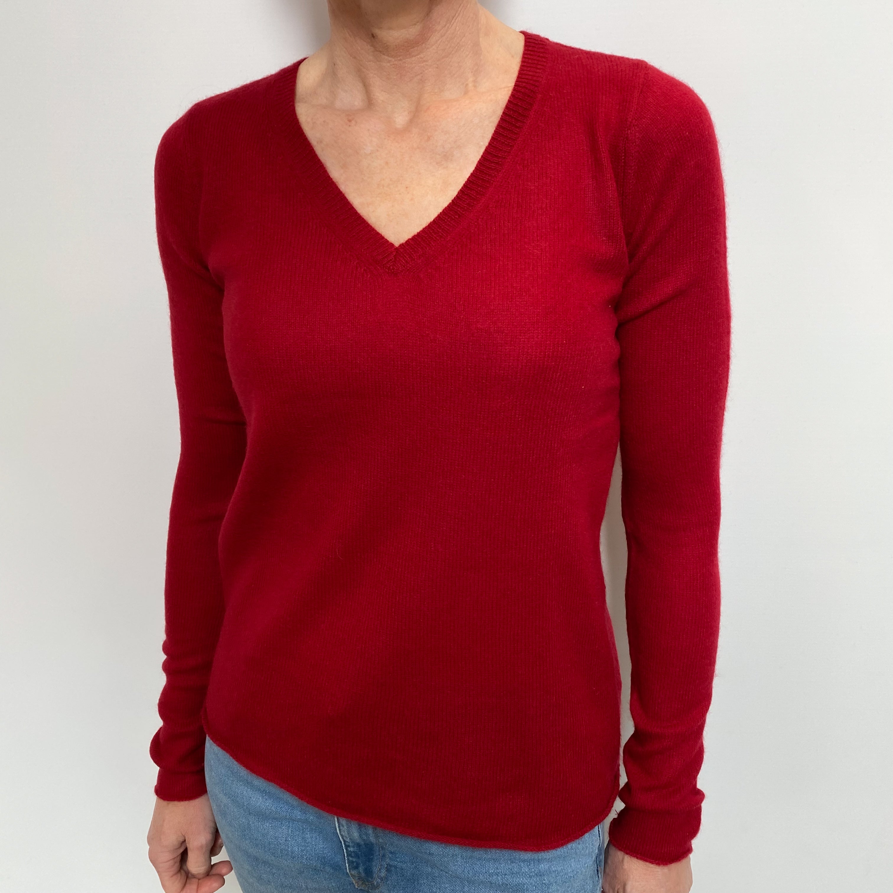 Crimson Red Cashmere V Neck Jumper Small