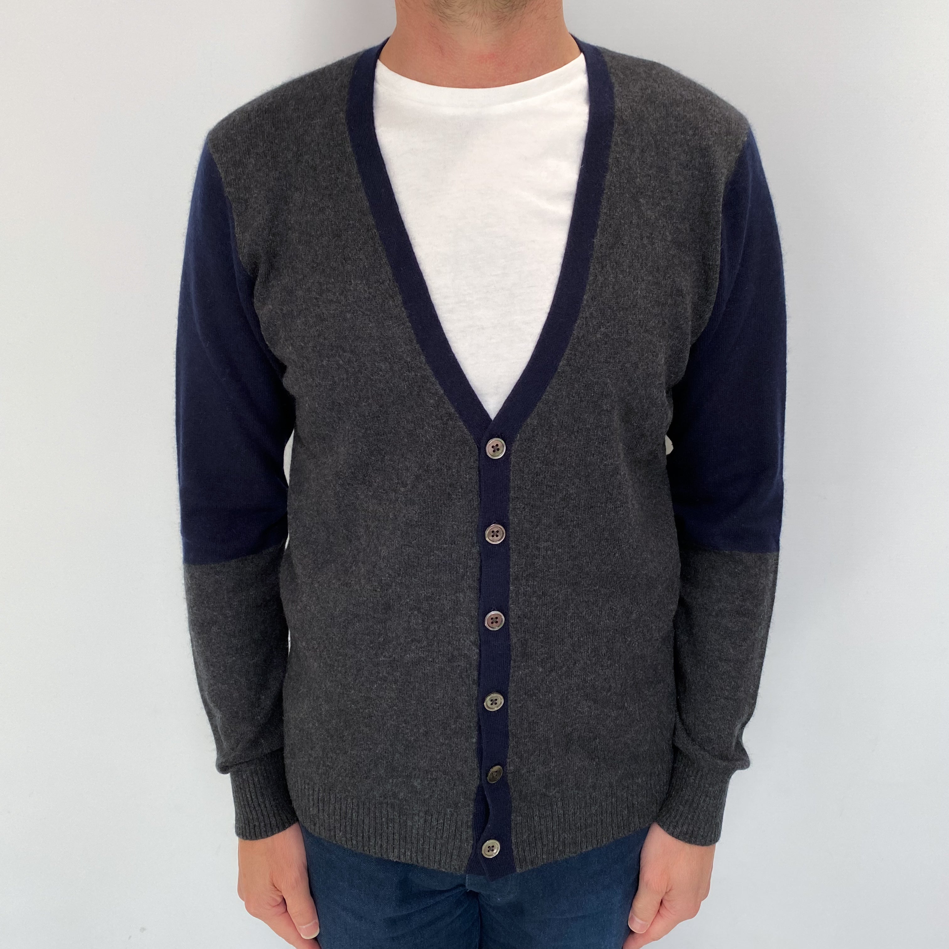 Men's Navy And Charcoal Grey Cashmere V Neck Cardigan Small