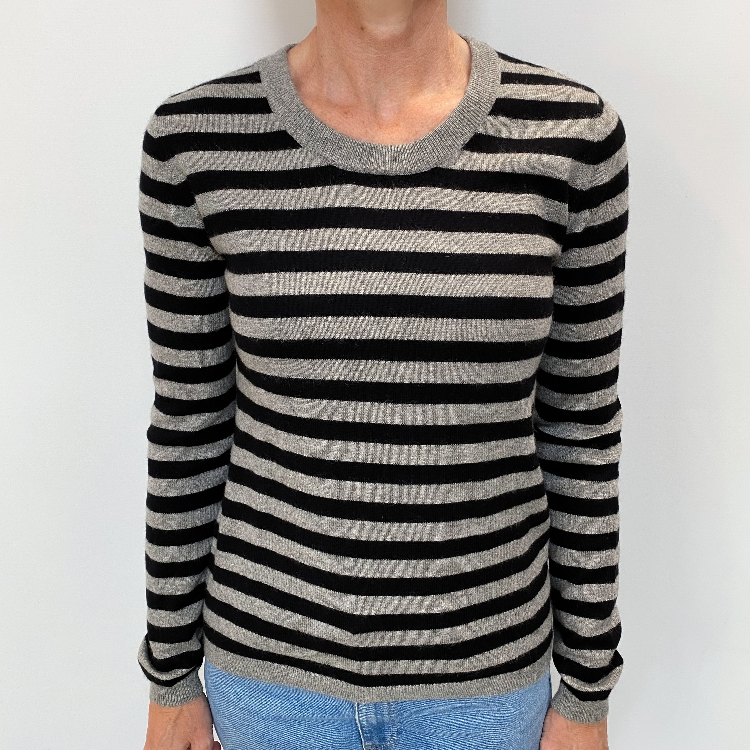 Grey Black Striped Cashmere Crew Neck Jumper Small