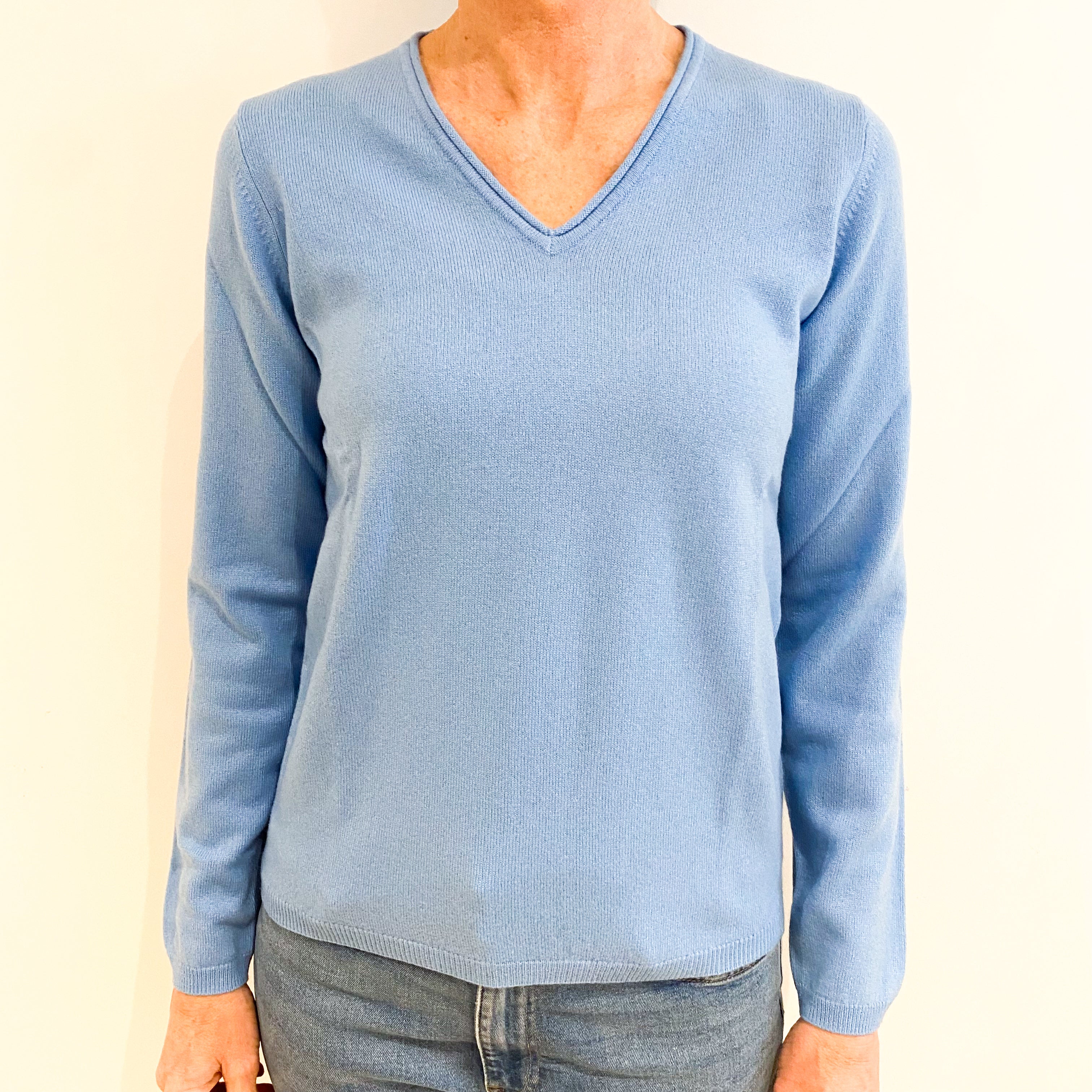 Brand New Cornflower Blue Cashmere V Neck Jumper Small