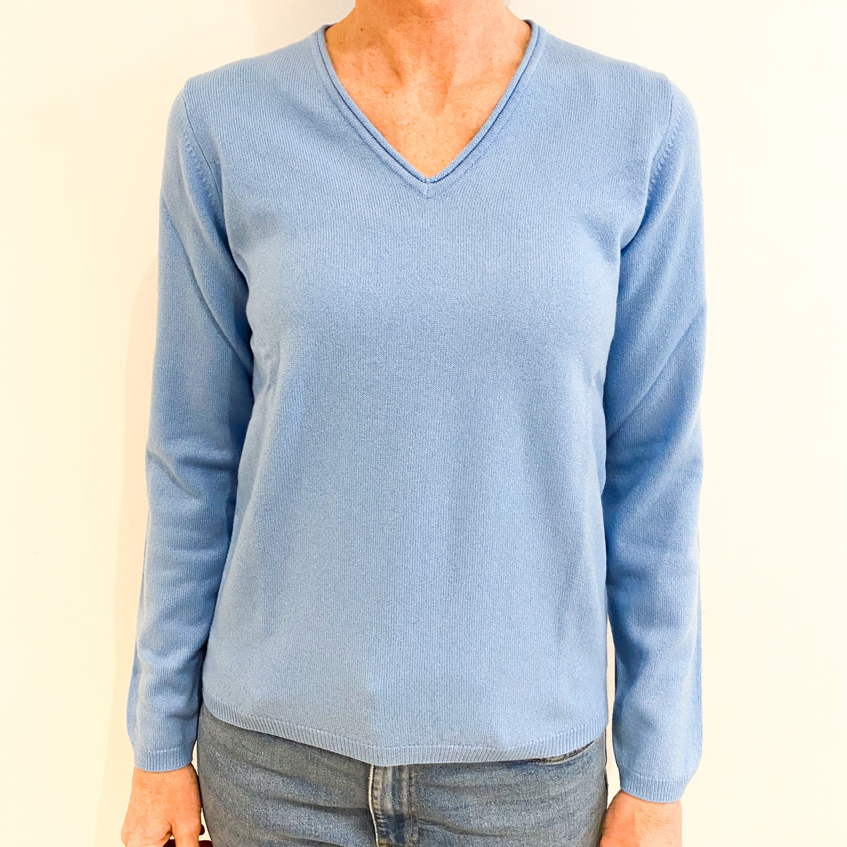 Brand New Cornflower Blue Cashmere V Neck Jumper Small