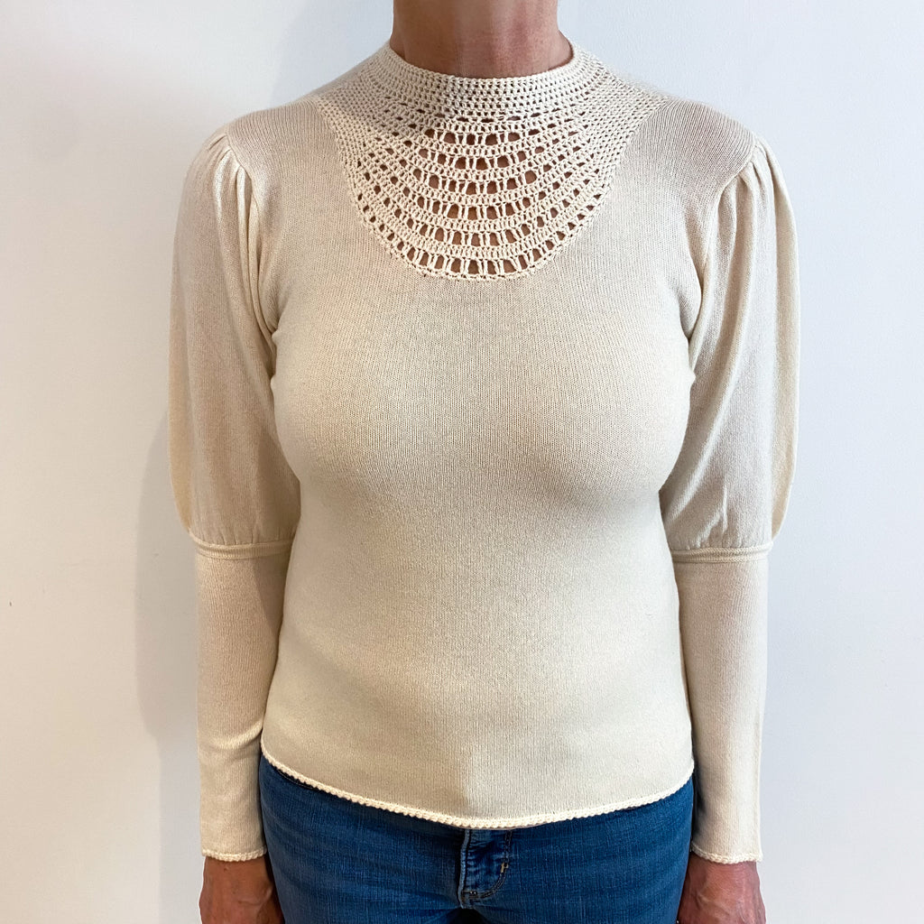 Ivory Lace Knit Cashmere Turtle Neck Jumper Medium