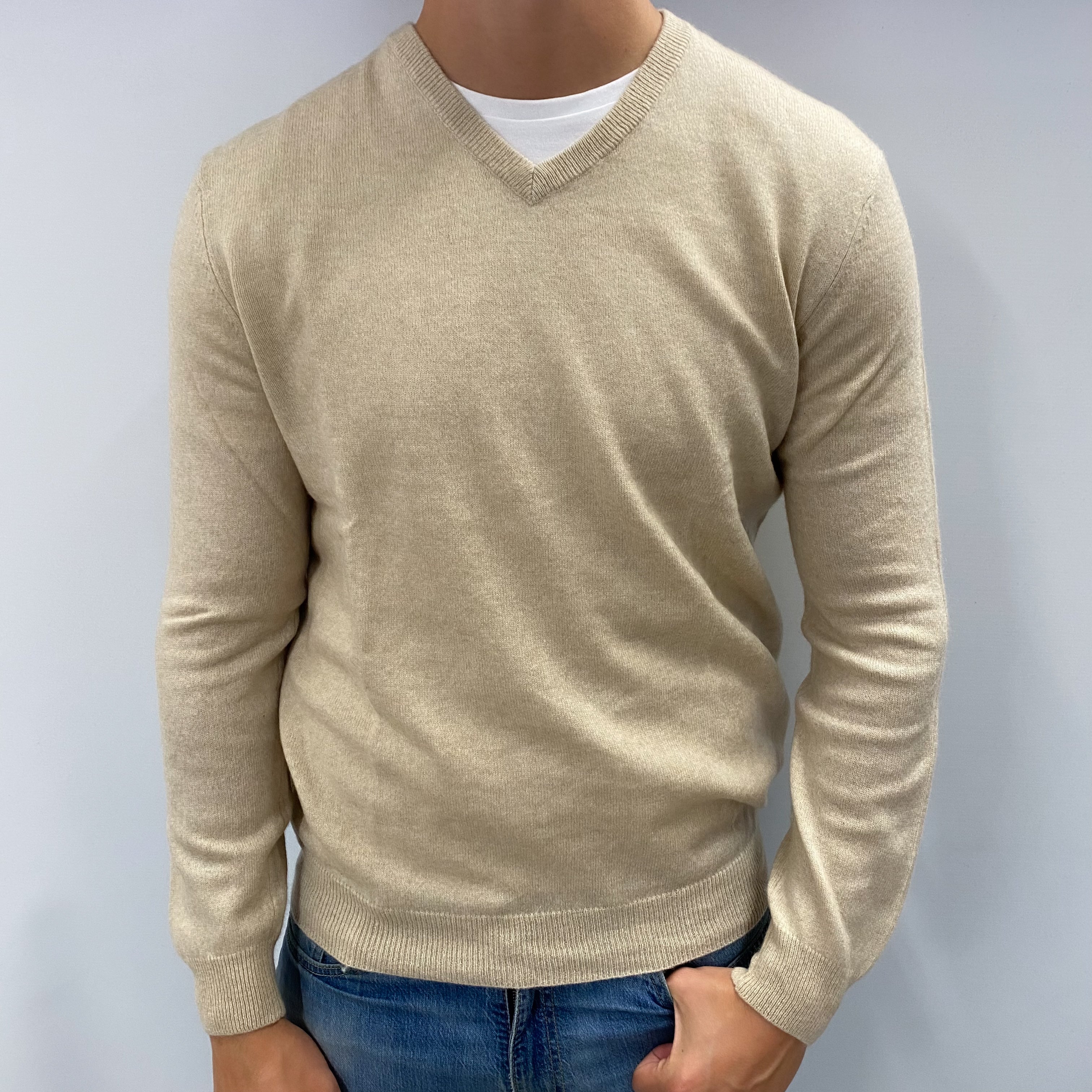 Men's Vanilla Beige Cashmere V Neck Jumper XL