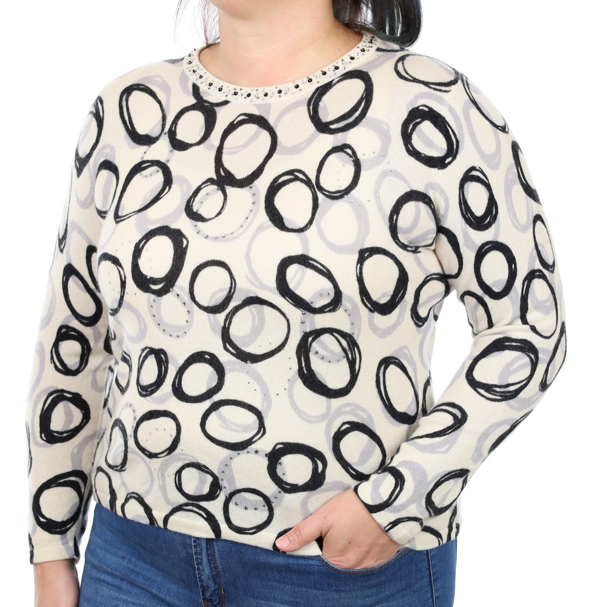 Vanilla Circle Patterned Cashmere Crew Neck Jumper Large
