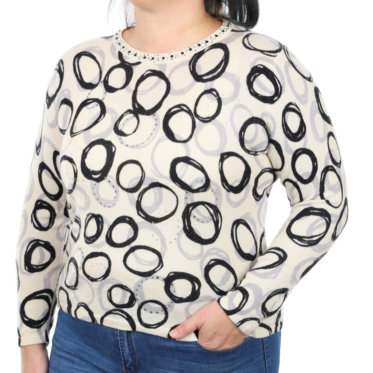 Vanilla Circle Patterned Cashmere Crew Neck Jumper Large