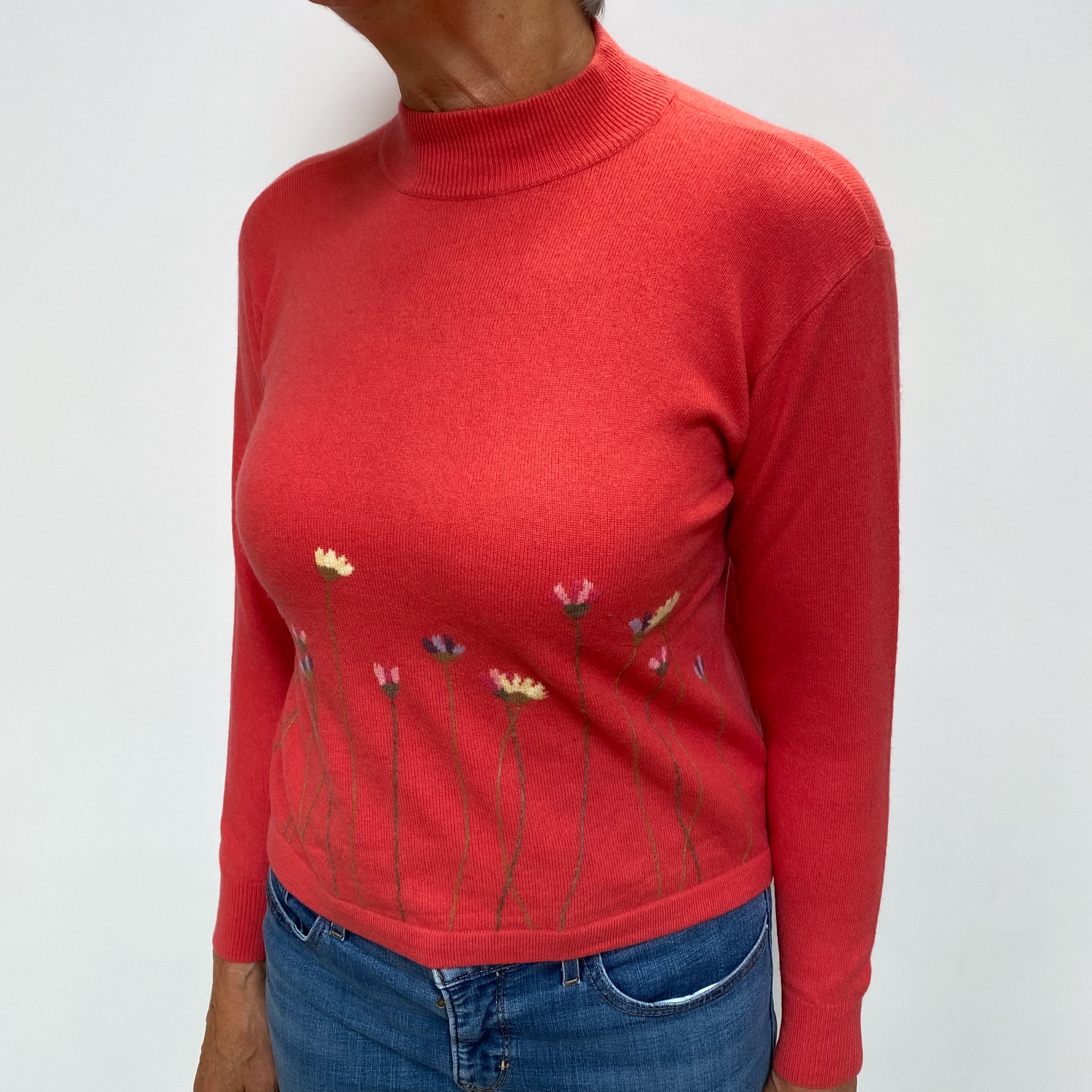Deep Coral Orange Cashmere Turtle Neck Jumper Medium