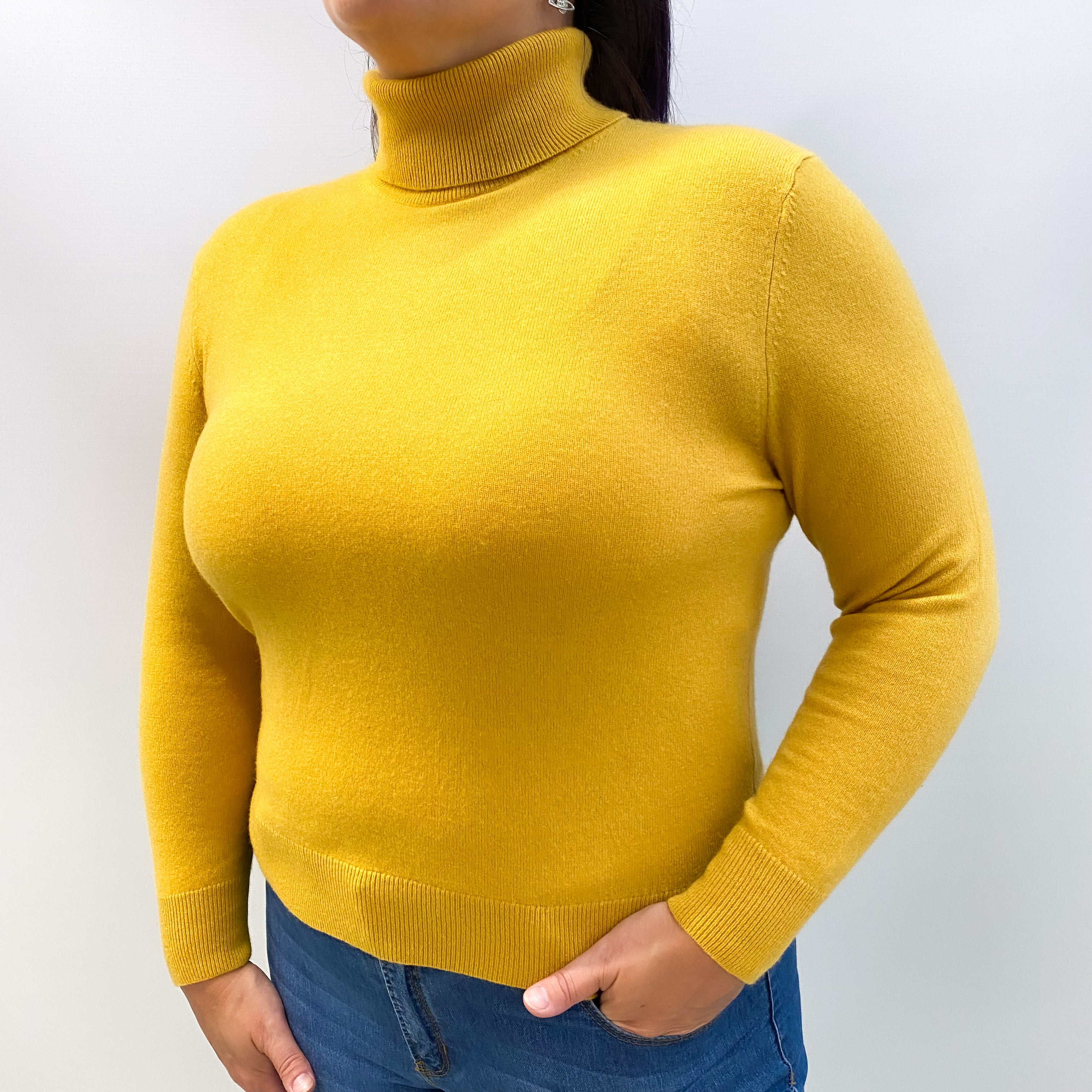 Mustard Yellow Cashmere Polo Neck Jumper Large