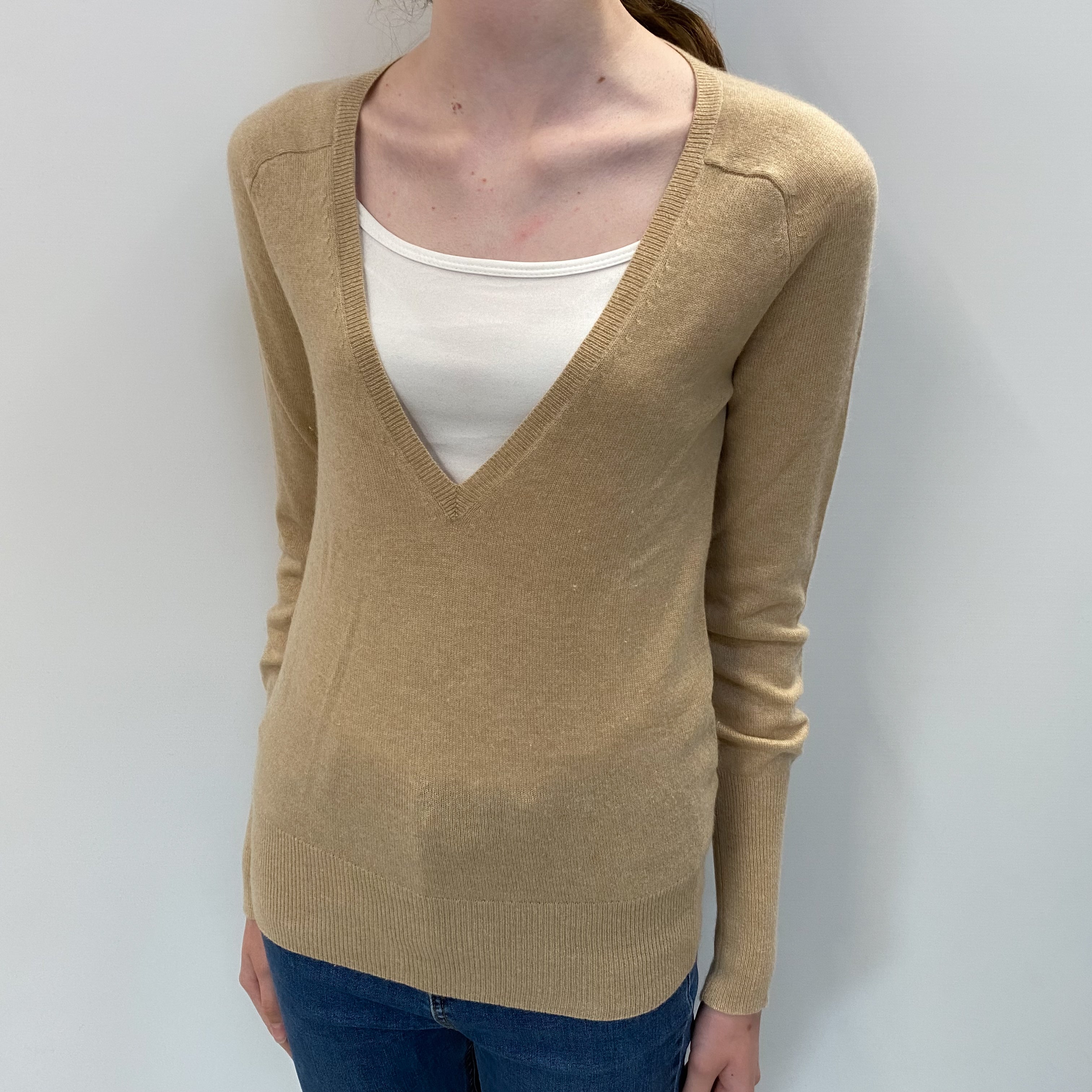Soft Caramel Cashmere Low V Neck Jumper Extra Small