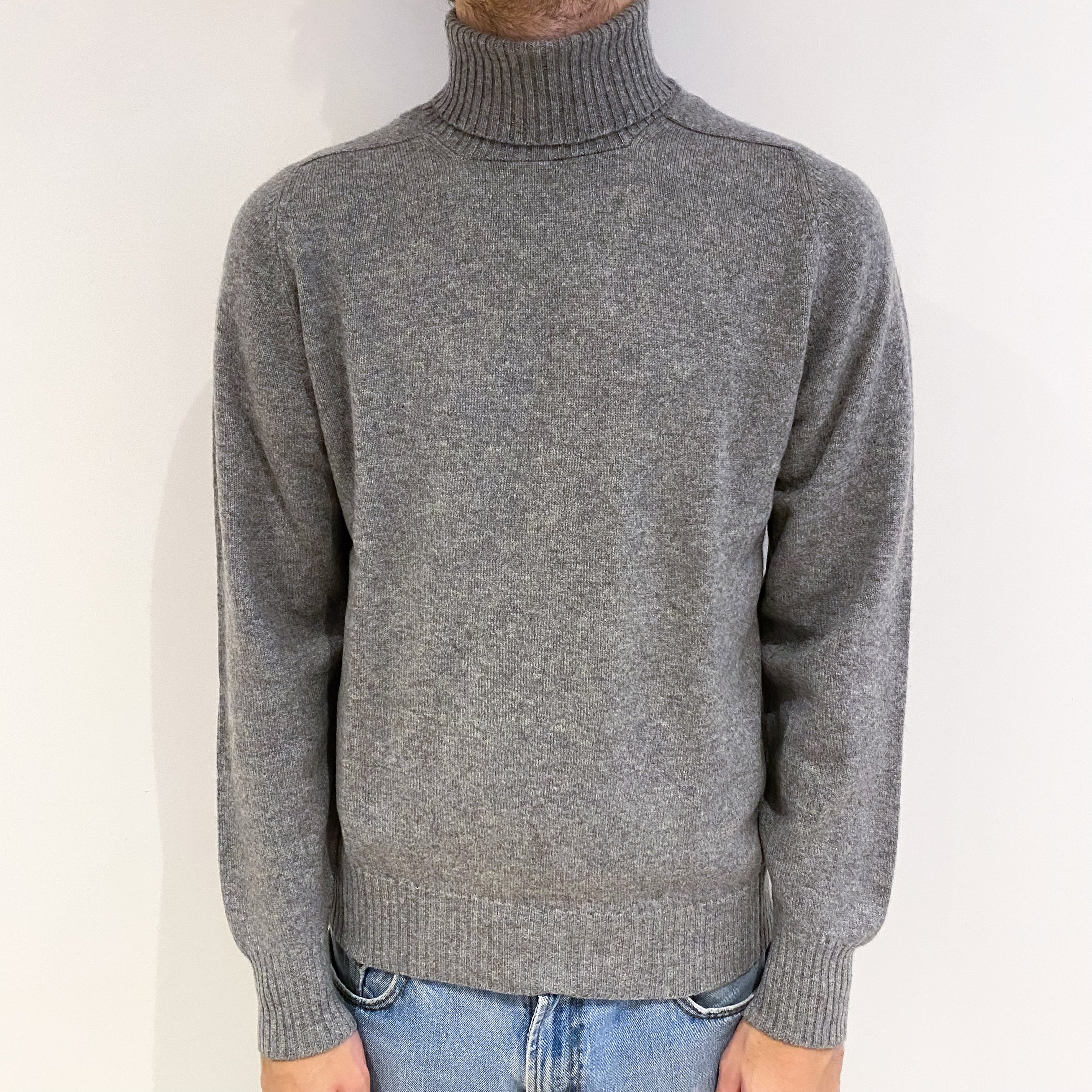 Men's Vintage Scottish Smoke Grey Cashmere Polo Neck Jumper Medium