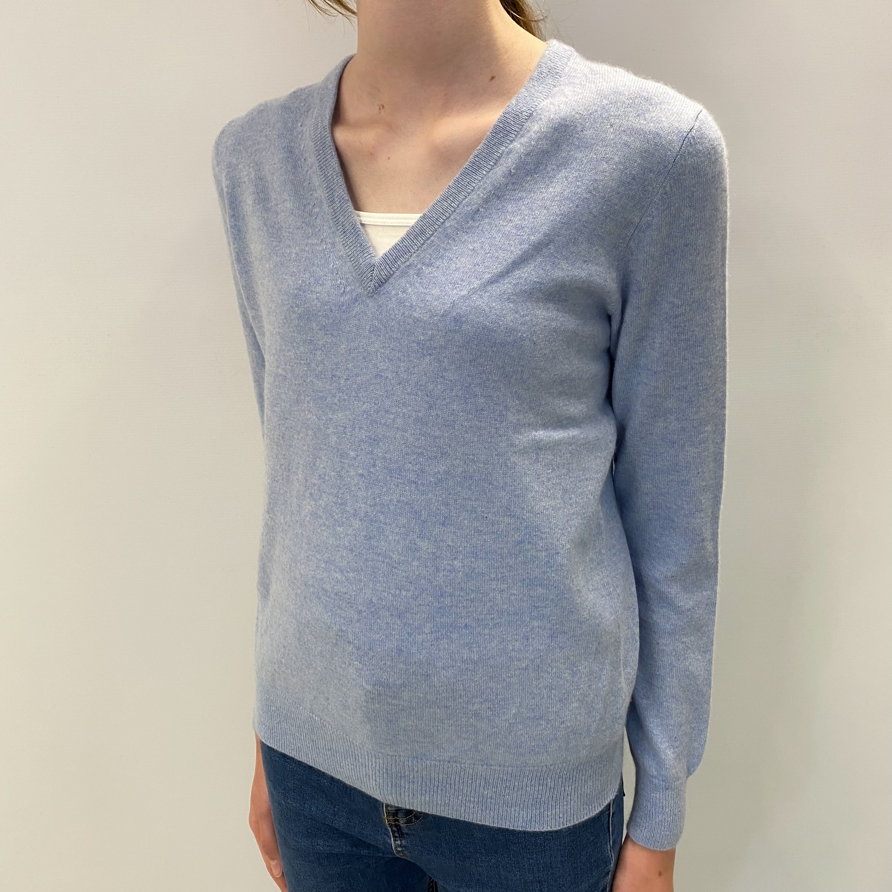 N.Peal Sky Blue Marl Cashmere V Neck Jumper Extra Small