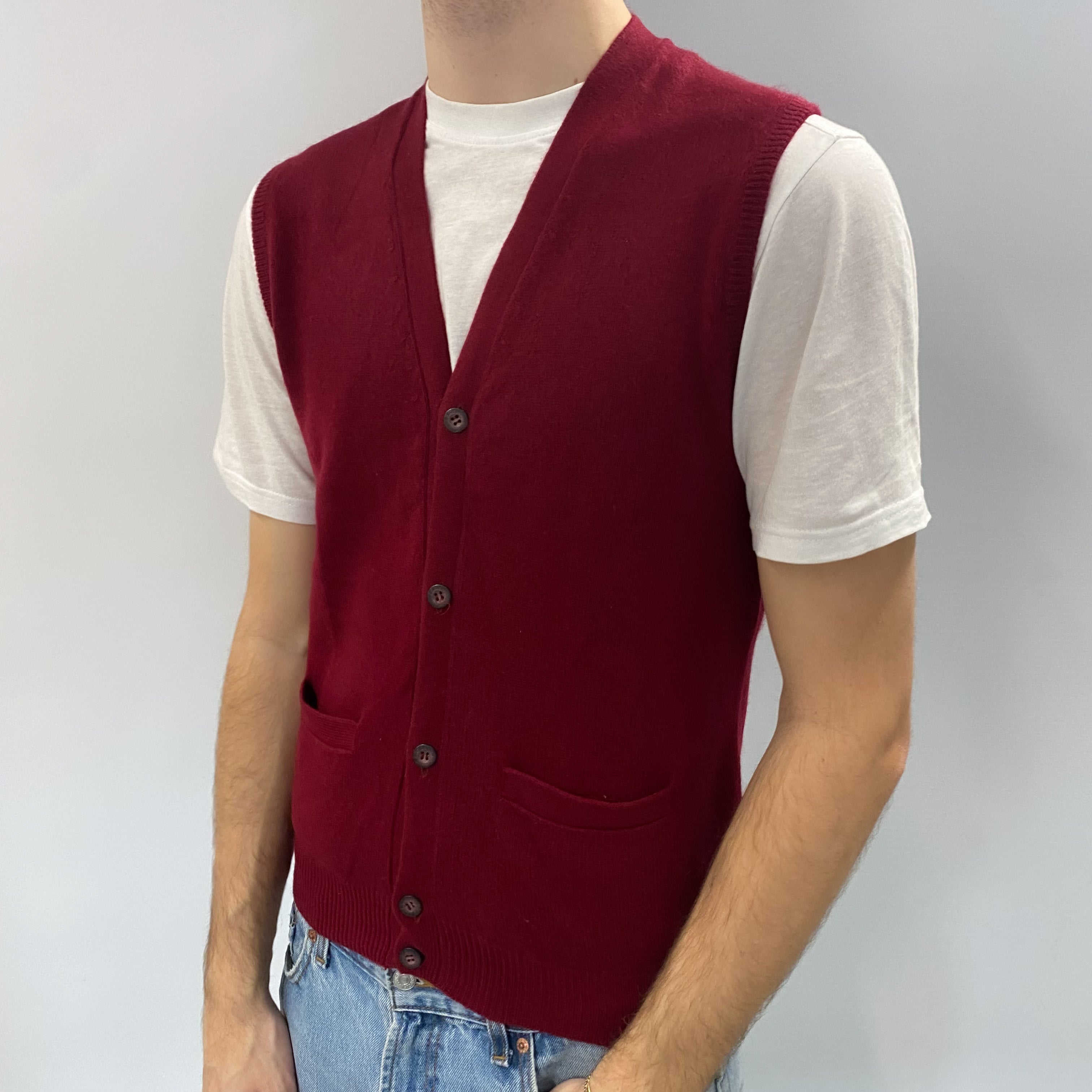 Men's Burgundy Red Cashmere Sleeveless Cardigan with Pockets Medium
