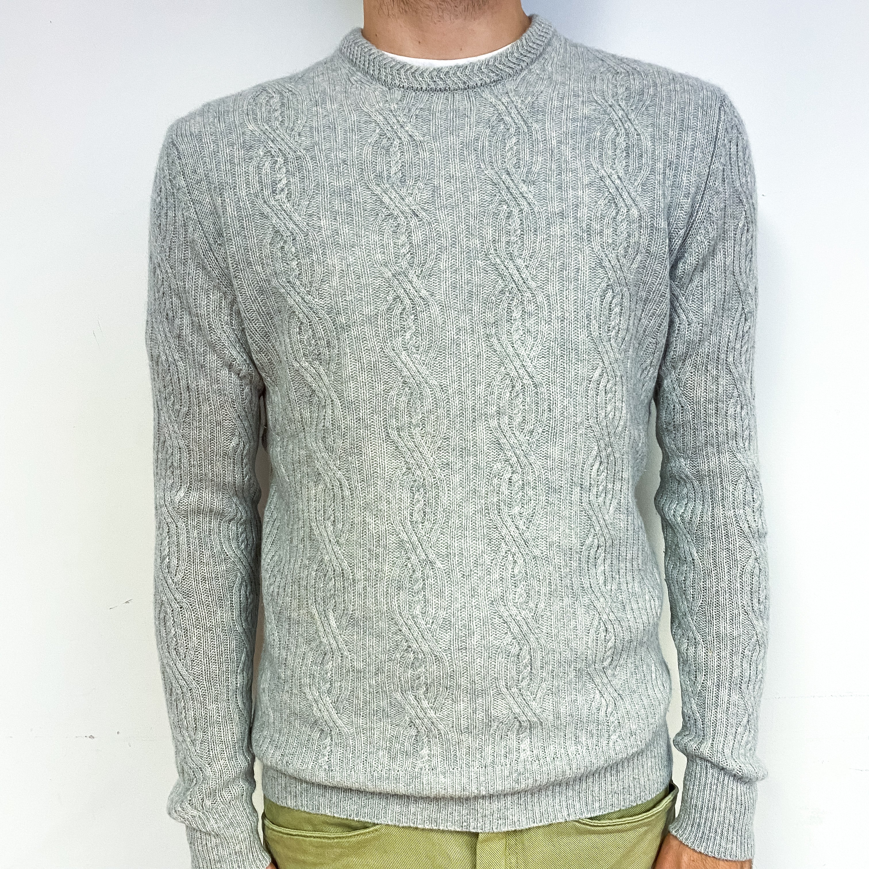 Men's Smoke Grey Cable Cashmere Crew Neck Jumper Medium/Tall