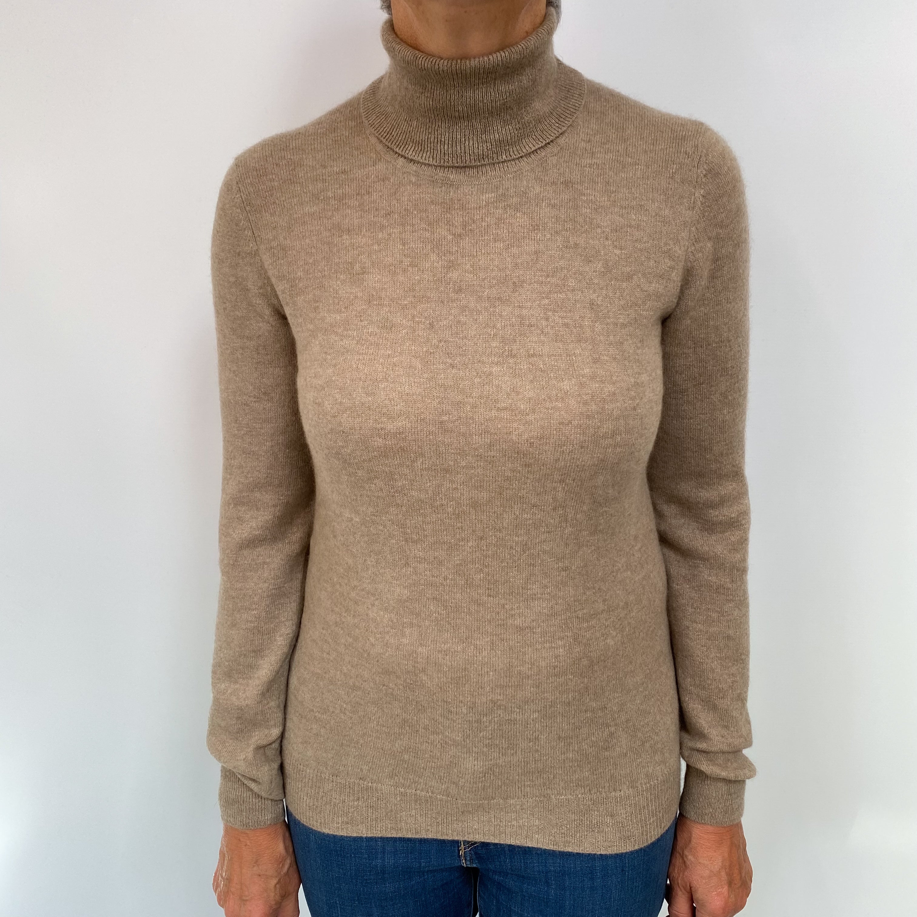Taupe Brown Cashmere Polo Neck Jumper Medium