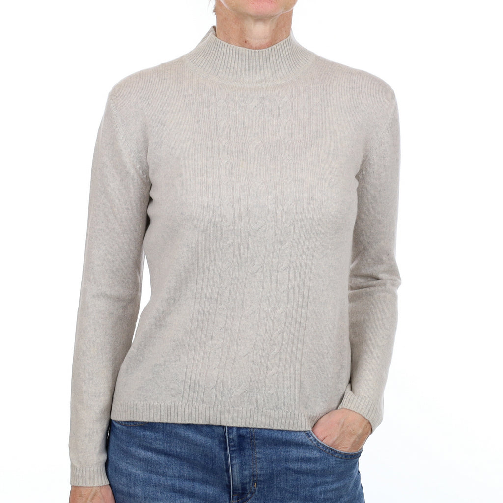 Mist Grey Cable Front Cashmere Turtle Neck Jumper Small