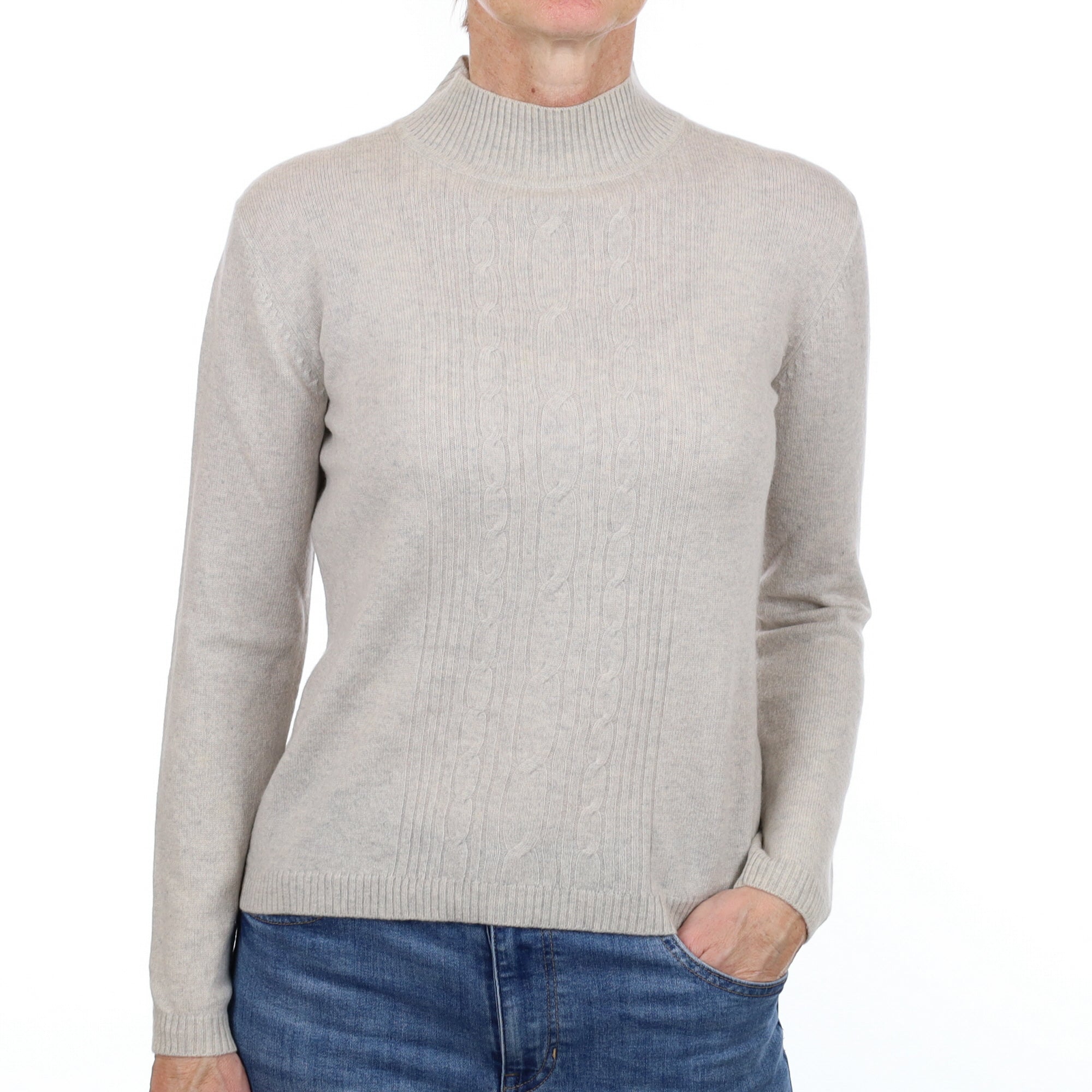 Mist Grey Cable Front Cashmere Turtle Neck Jumper Small