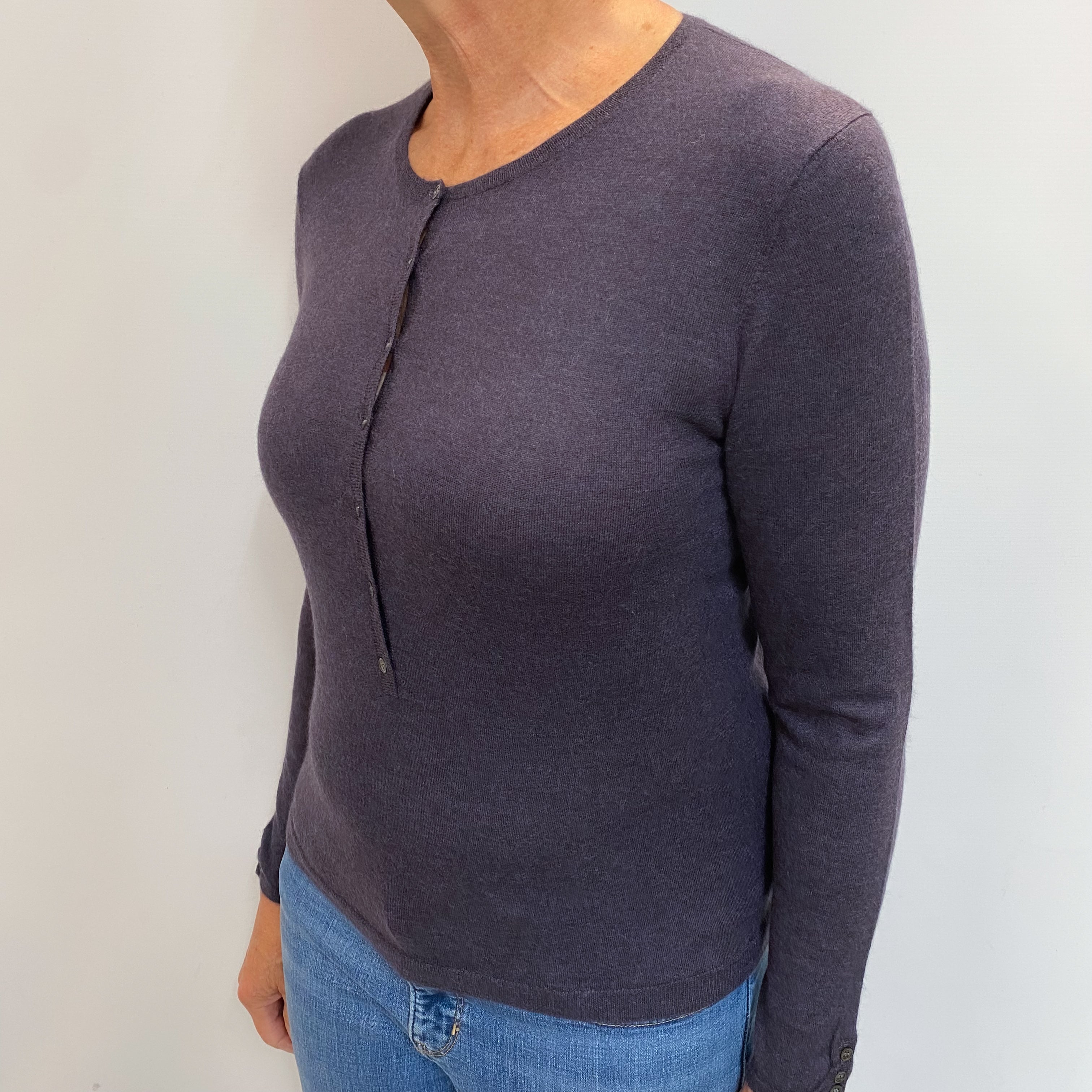 Grape Purple Cashmere Buttoned Crew Neck Jumper Medium