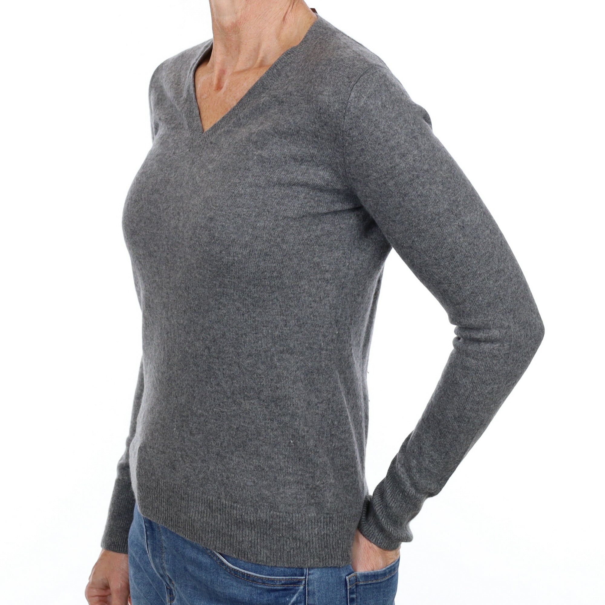 Ash Grey Cashmere V Neck Jumper Small