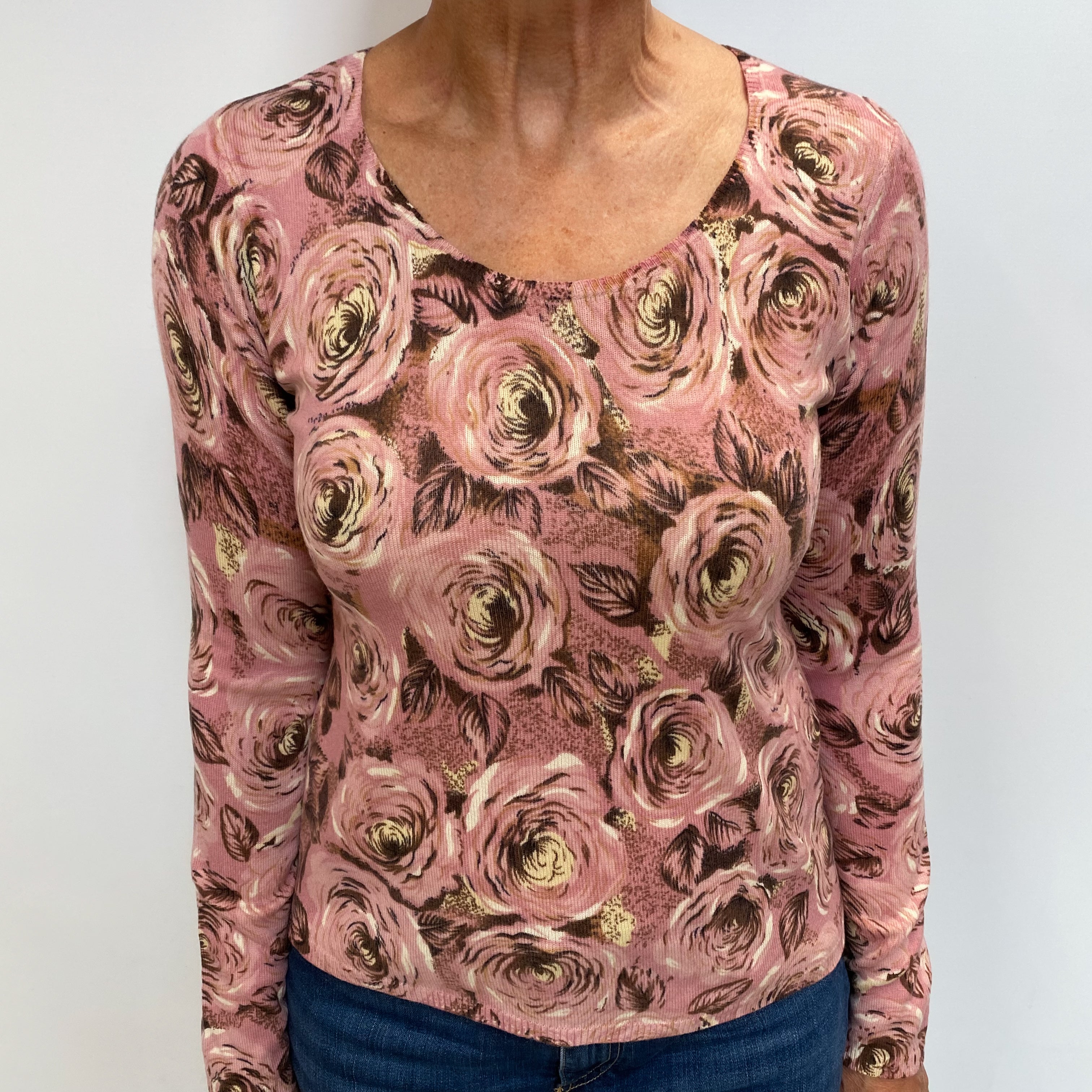 Dusky Rose Floral Cashmere Crew Neck Jumper Medium