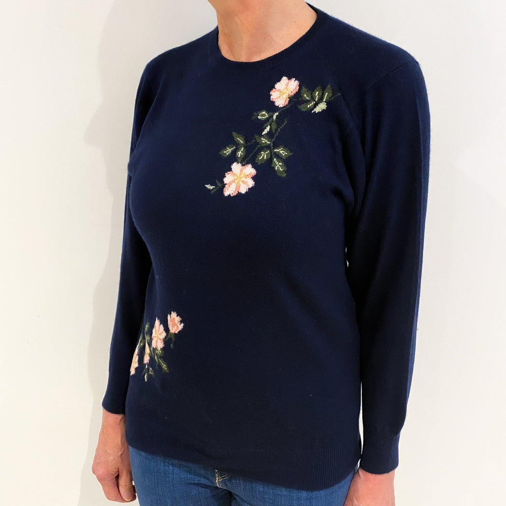 Vintage Scottish Navy With Florals Cashmere Crew Neck Jumper Medium