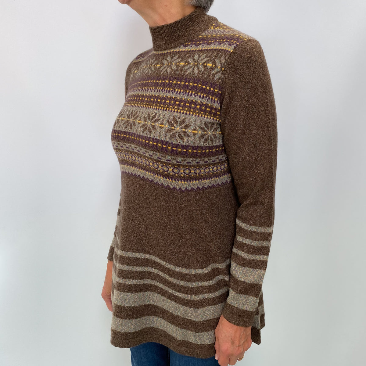 Mocha Fair Isle Cashmere Turtle Neck Cardigan Medium