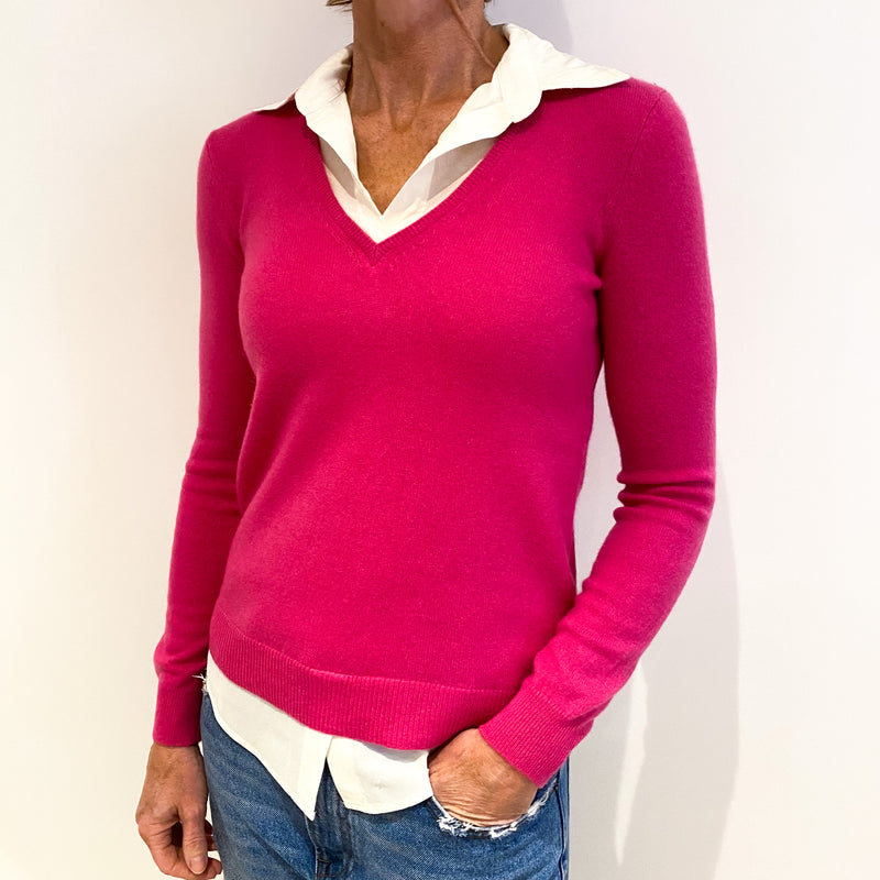 Raspberry Pink Cashmere V-Neck Jumper with Faux Shirt Small