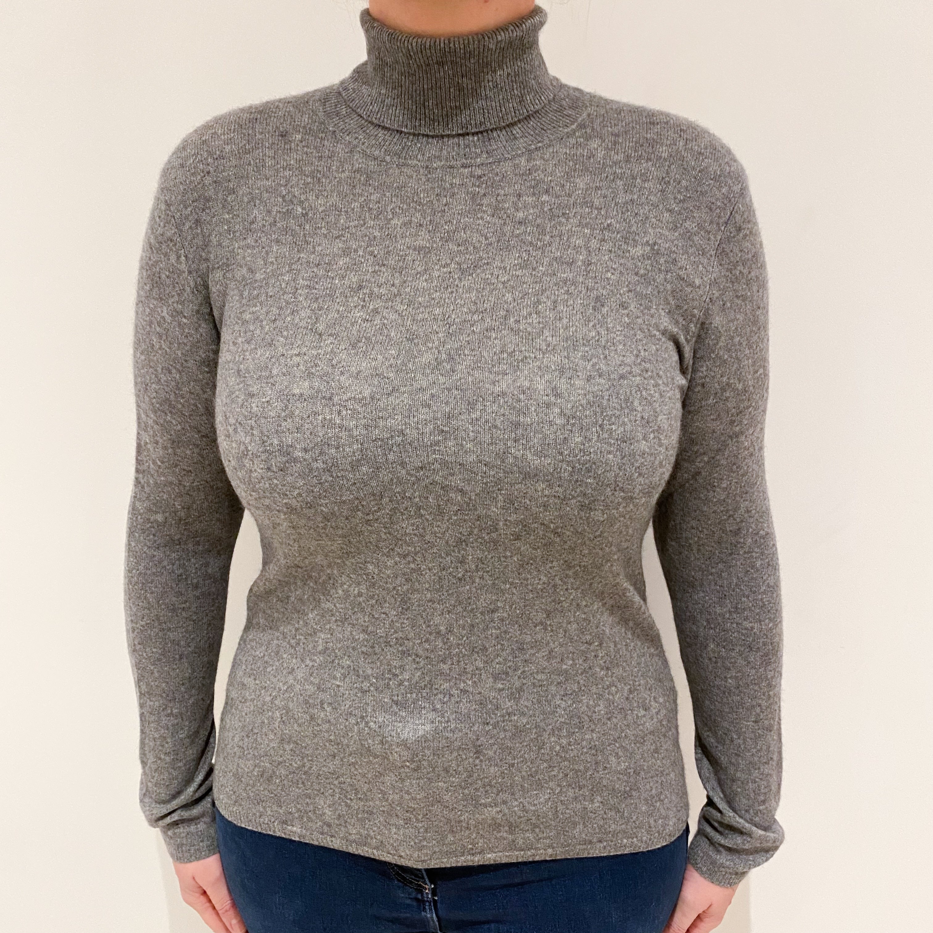 Ash Grey Cashmere Polo Neck Jumper Large