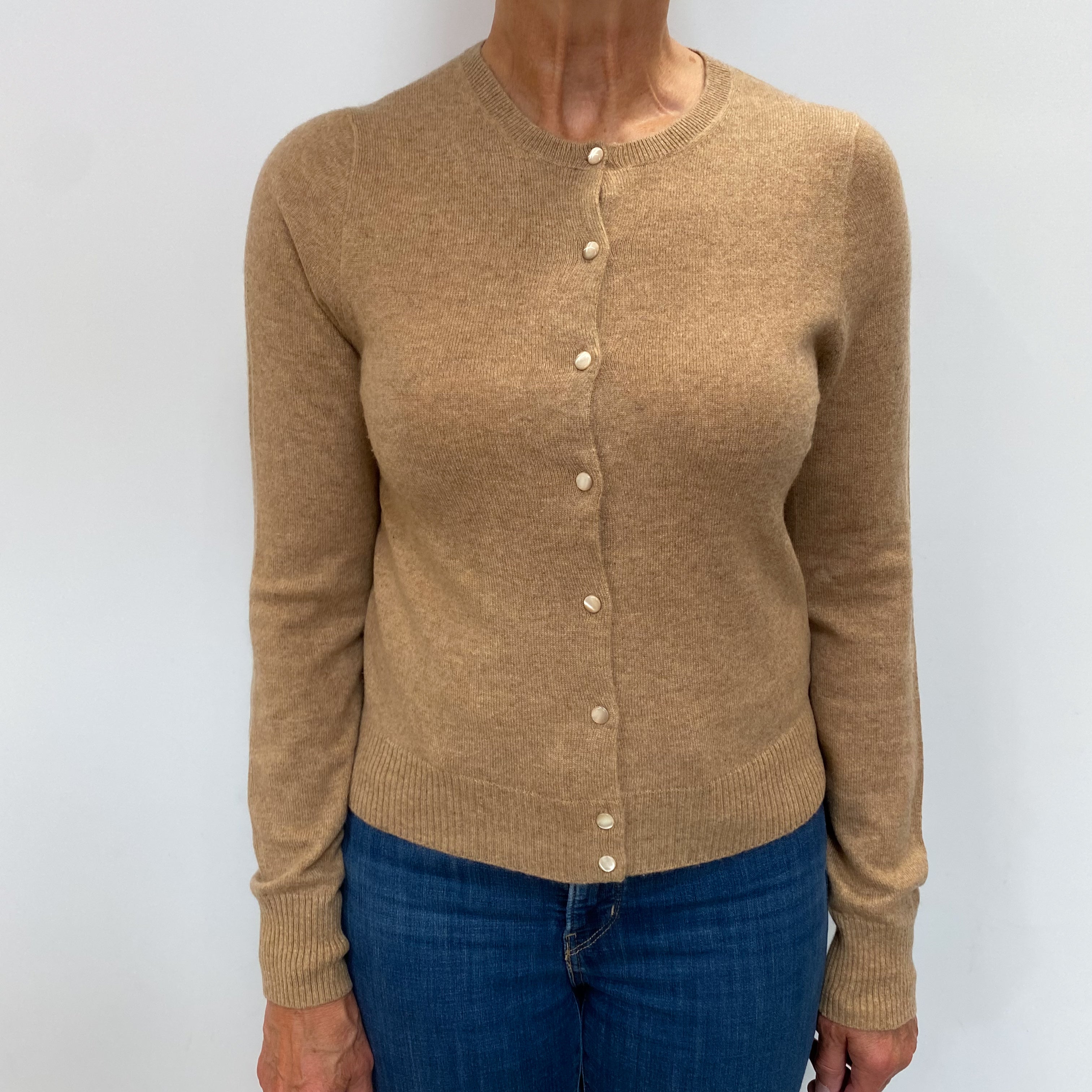 Camel Marl Cashmere Crew Neck Cardigan Medium