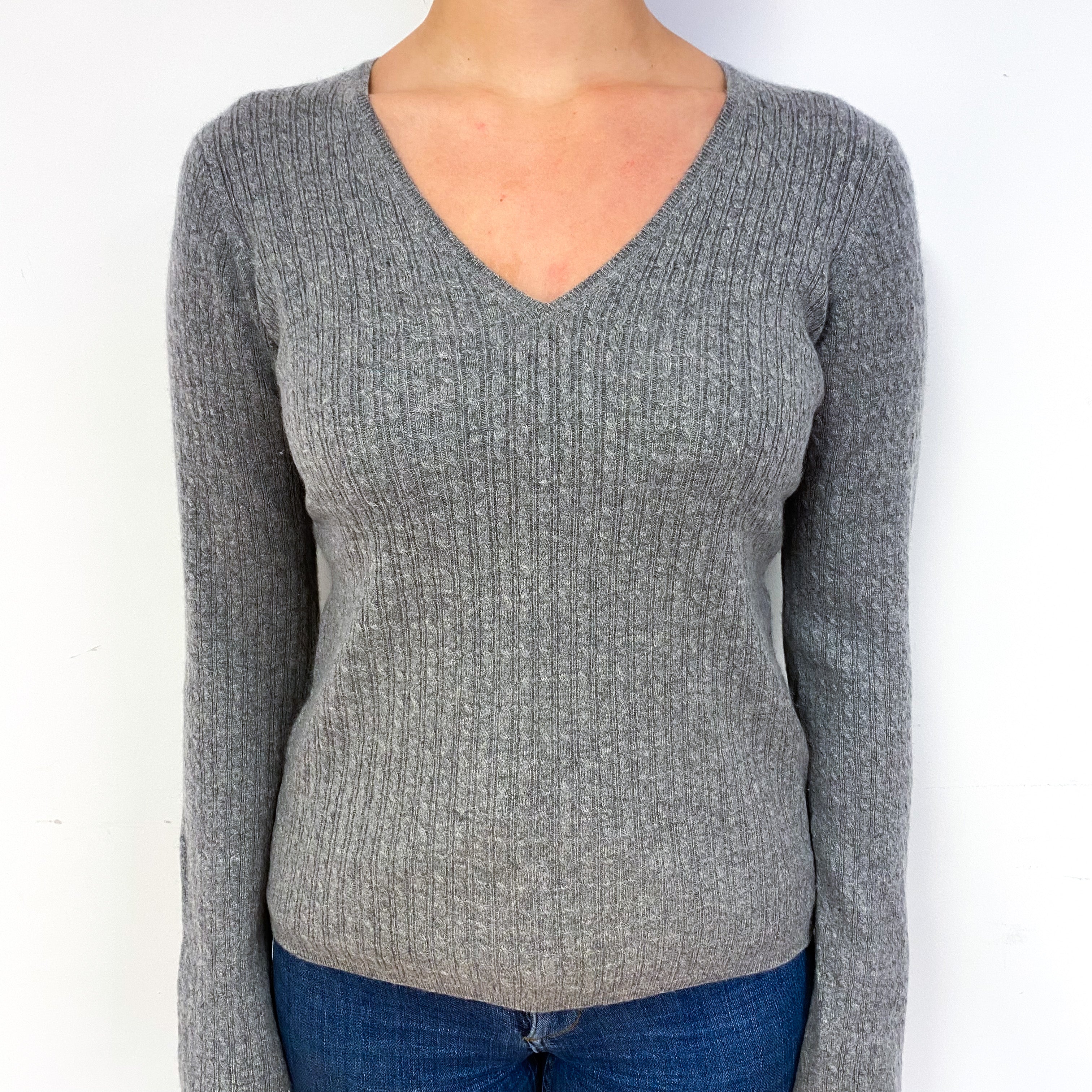 Ash Grey Cable Cashmere V-Neck Jumper Small