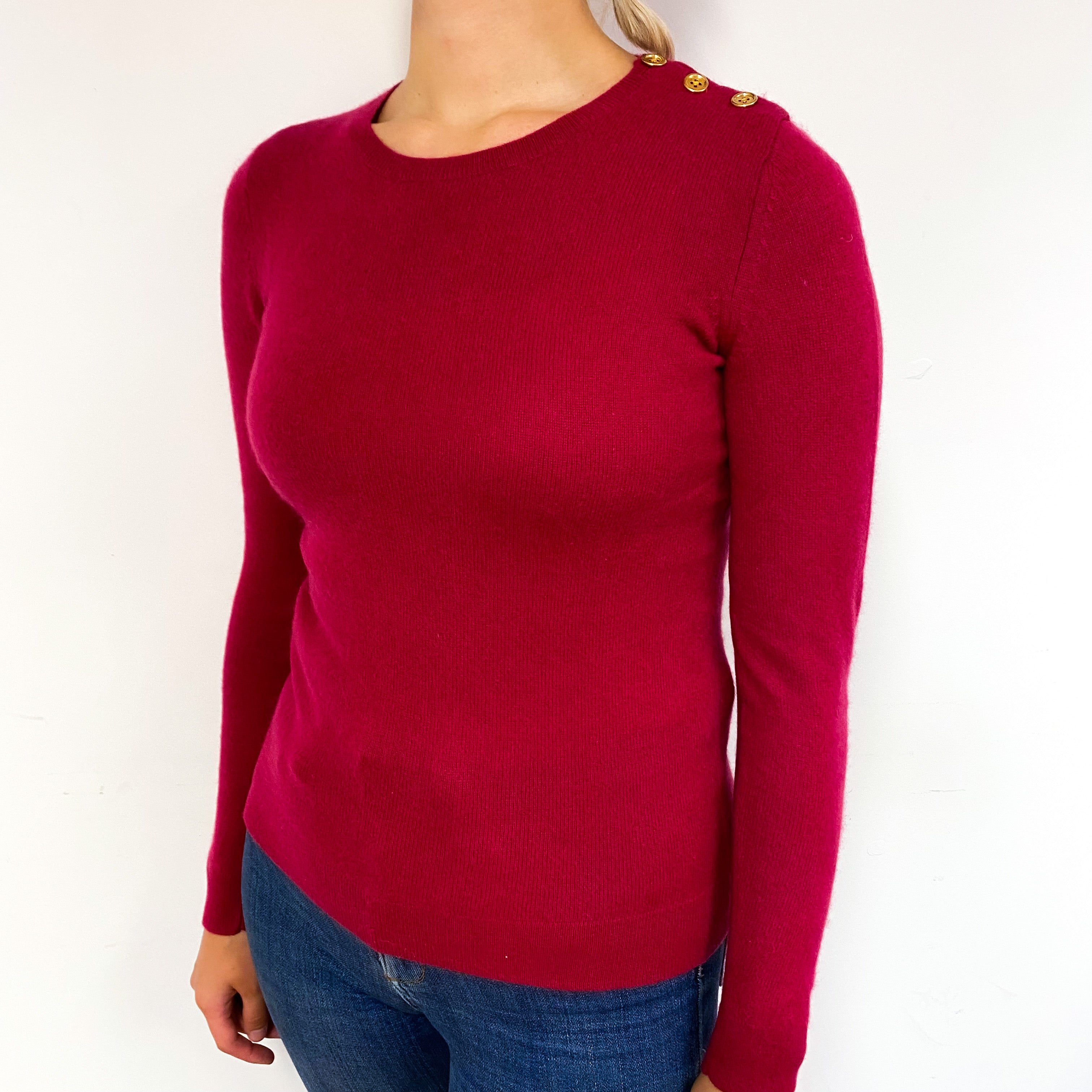 Cherry Pink Cashmere Buttoned Crew Neck Jumper Small