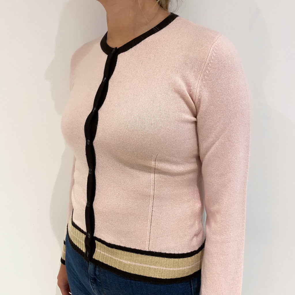 Ice Pink Black Trim Cashmere Crew Neck Cardigan Small