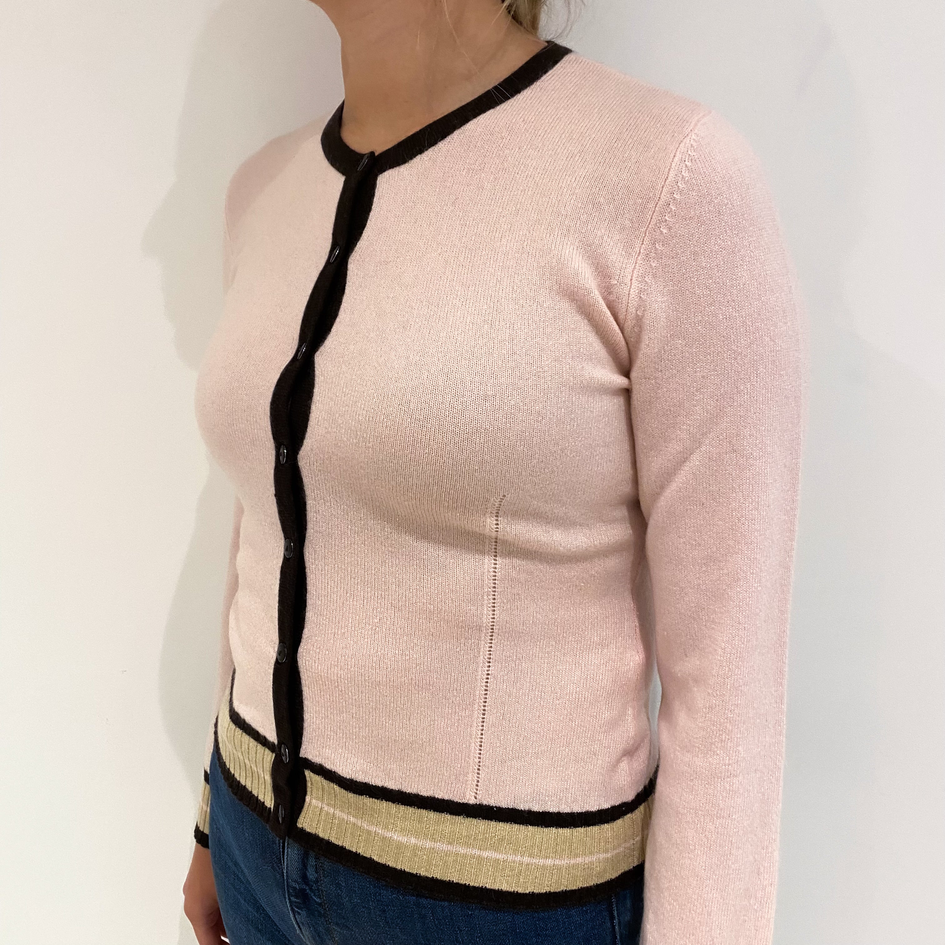 Ice Pink Black Trim Cashmere Crew Neck Cardigan Small